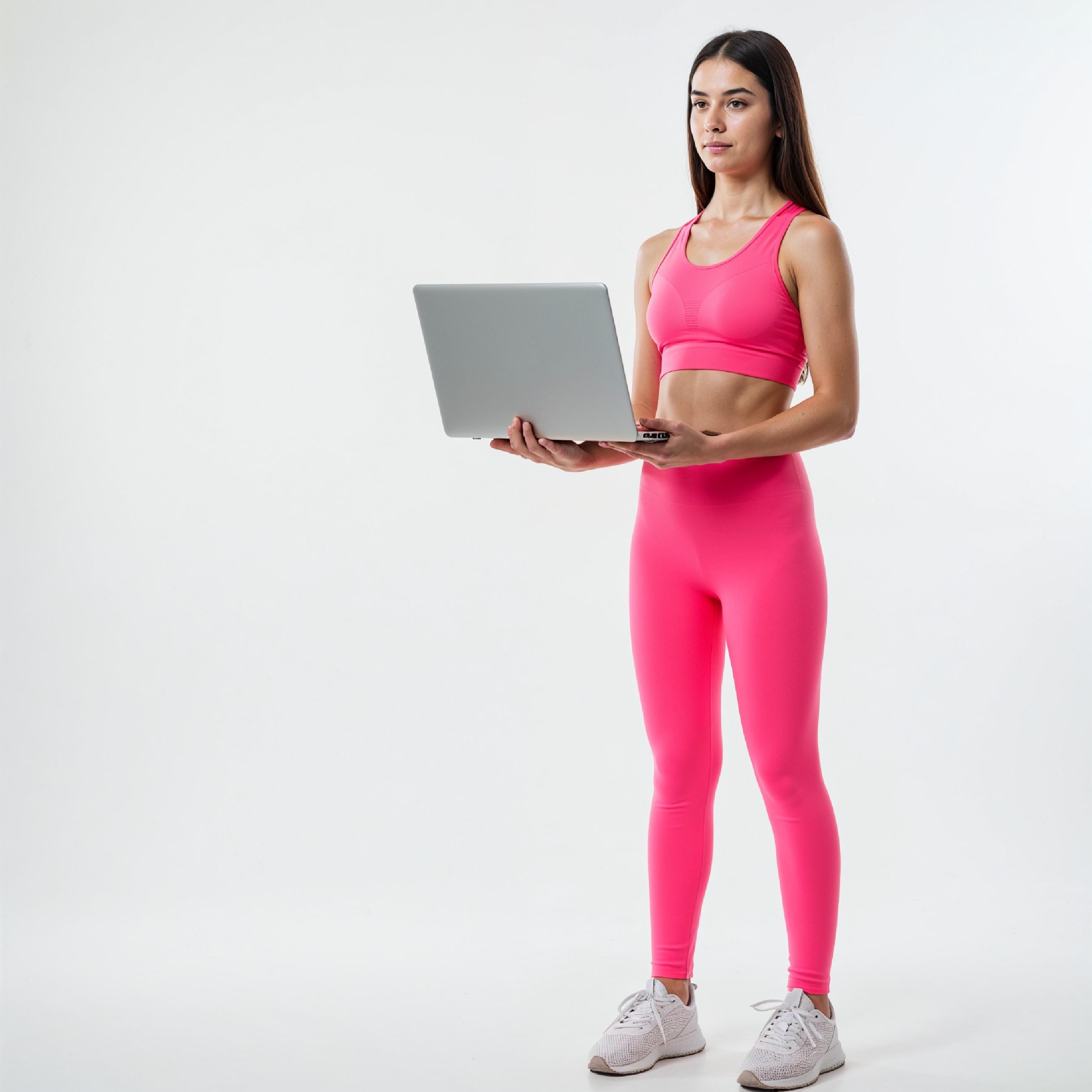 Young Woman Using Laptop While Standing Isolated on White Background, Technology Concept