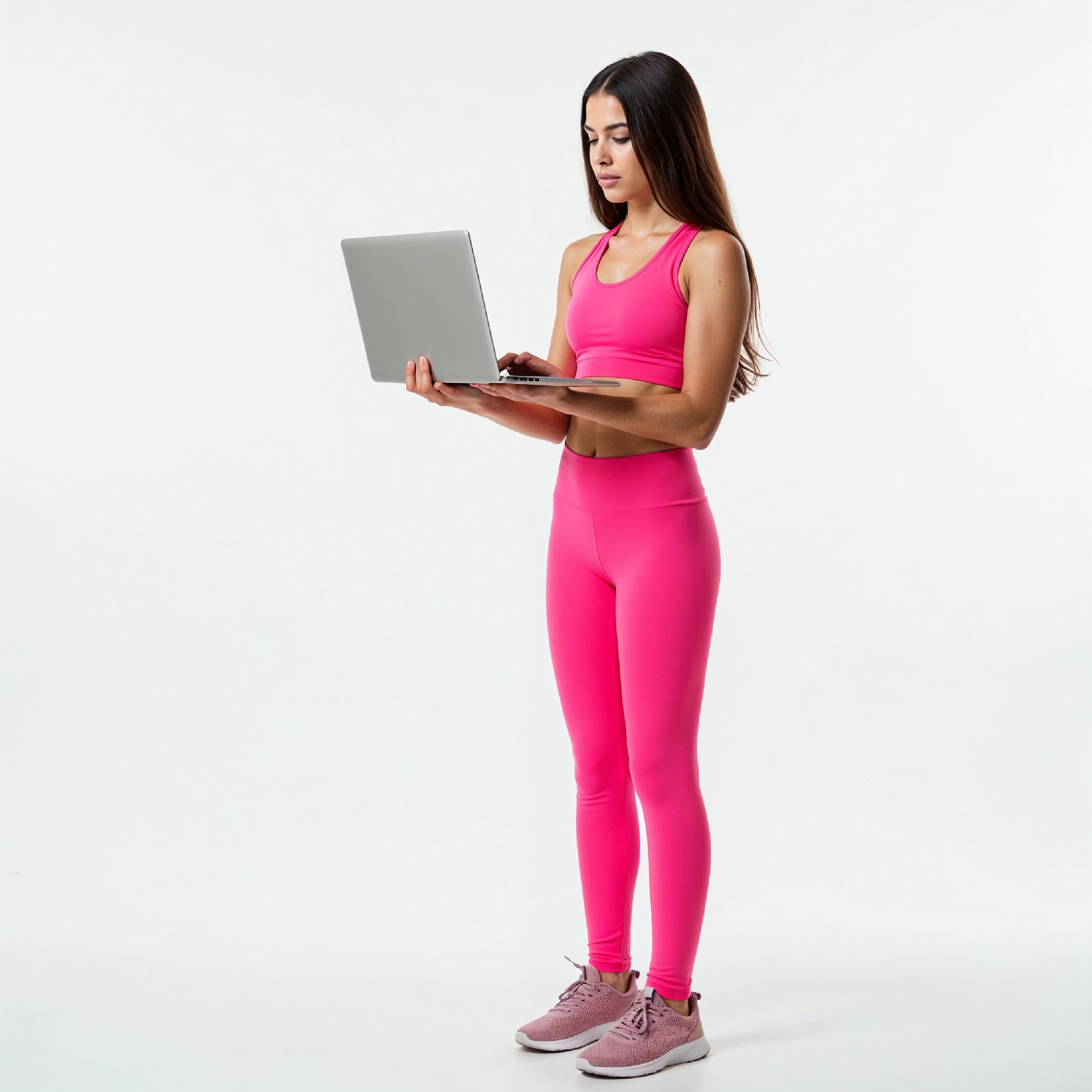 Young Woman Using Laptop While Standing Isolated on White Background, Technology Concept