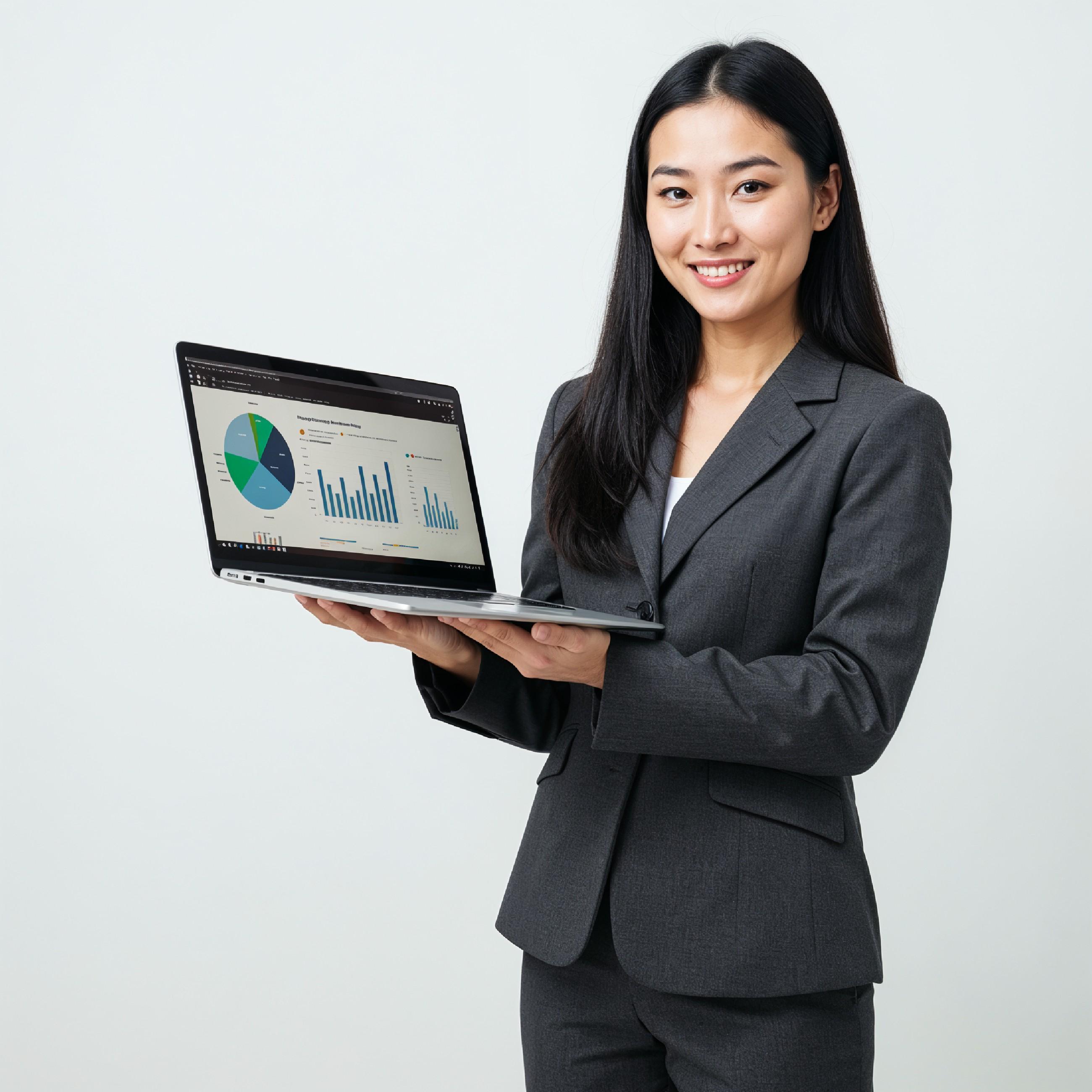 Young Woman Using Laptop While Standing Isolated on White Background, Technology Concept