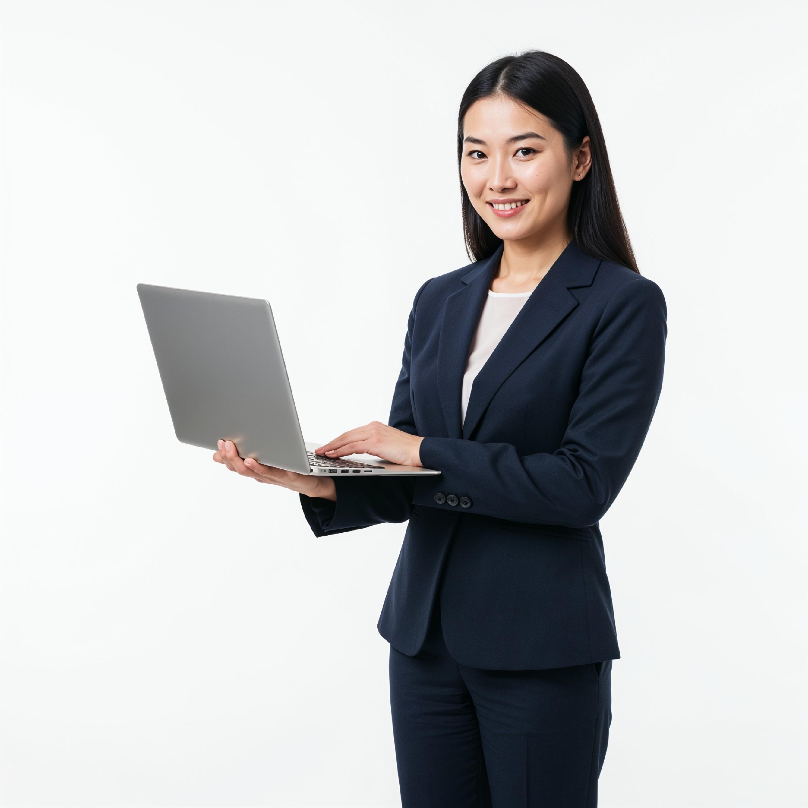 Young Woman Using Laptop While Standing Isolated on White Background, Technology Concept