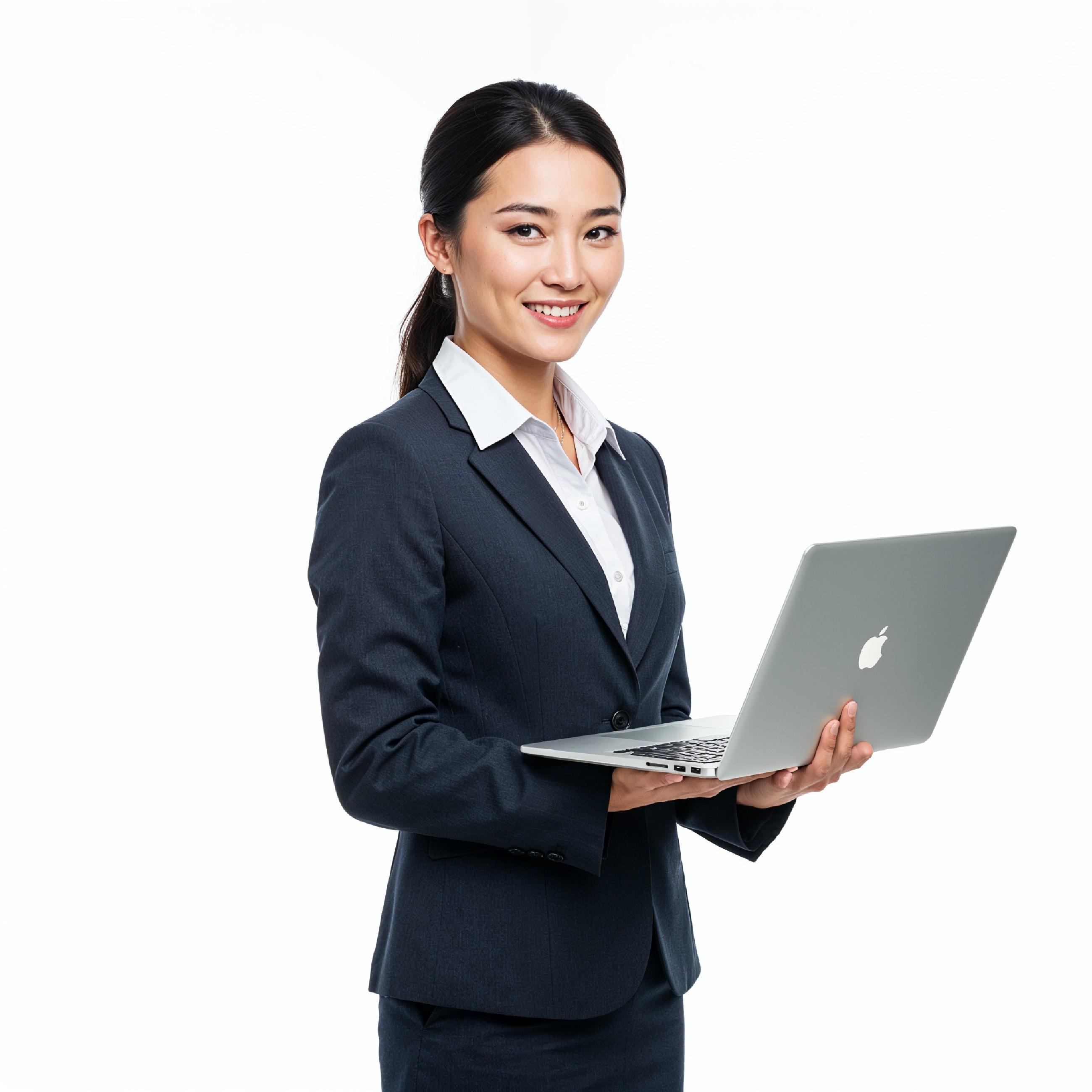 Young Woman Using Laptop While Standing Isolated on White Background, Technology Concept