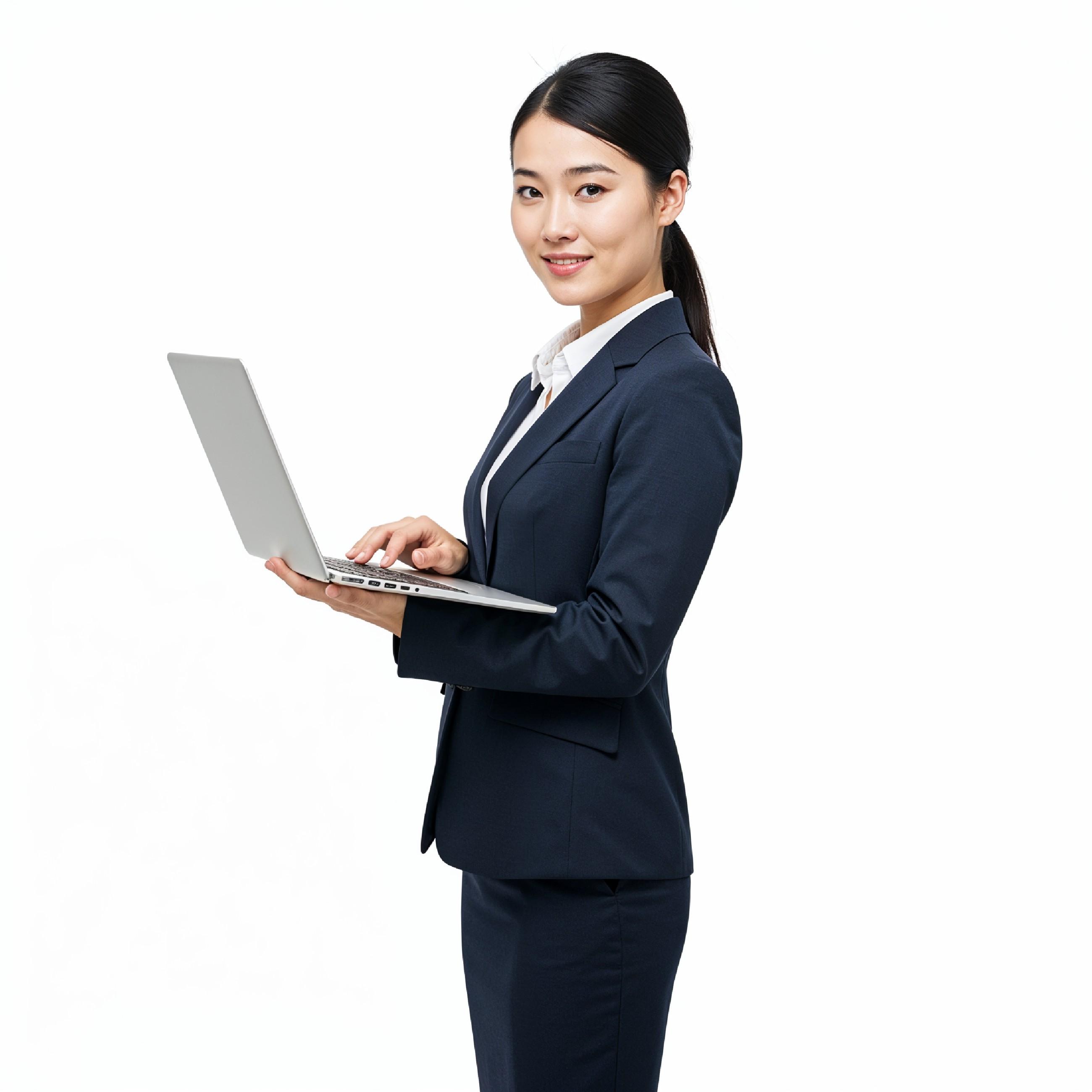 Young Woman Using Laptop While Standing Isolated on White Background, Technology Concept