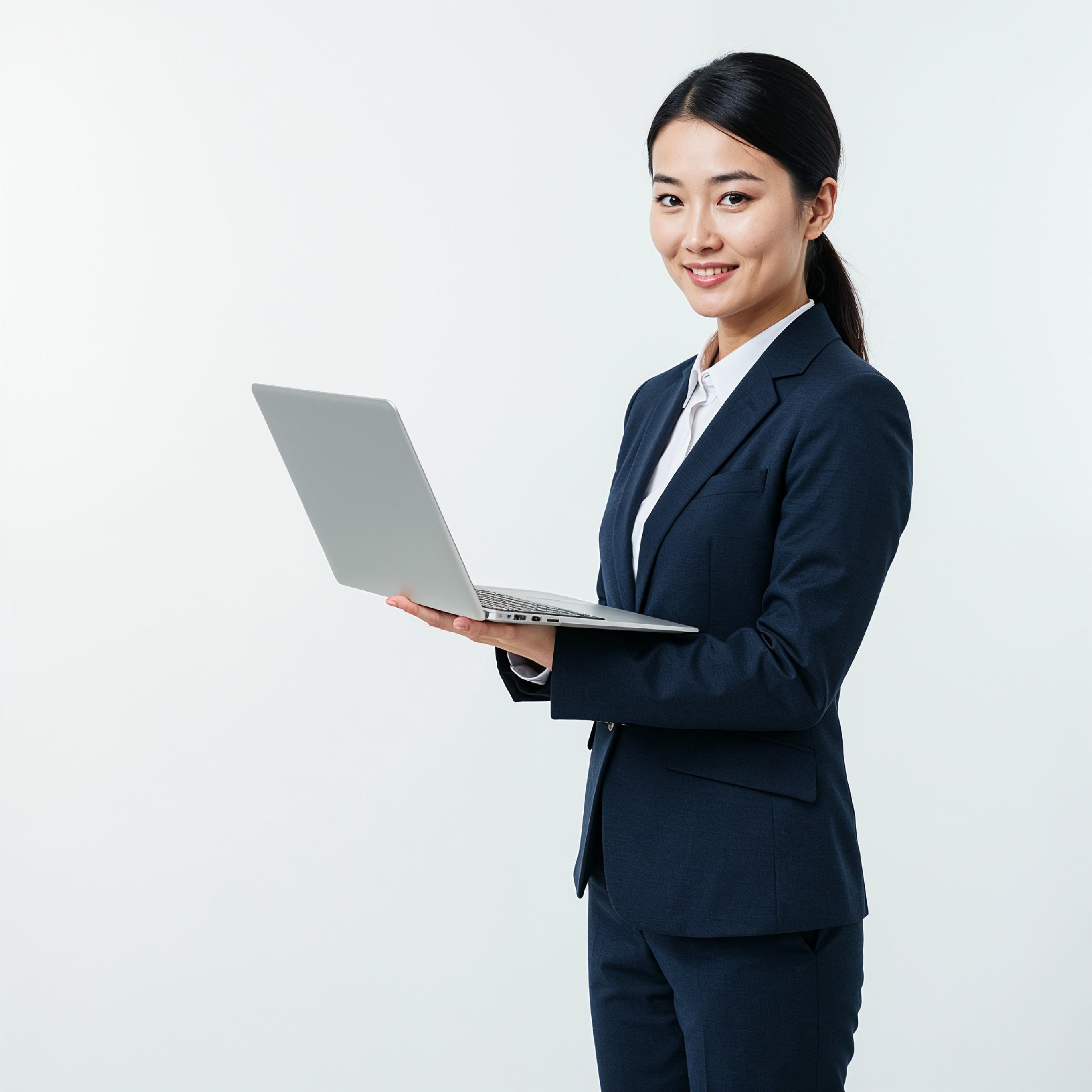 Young Woman Using Laptop While Standing Isolated on White Background, Technology Concept