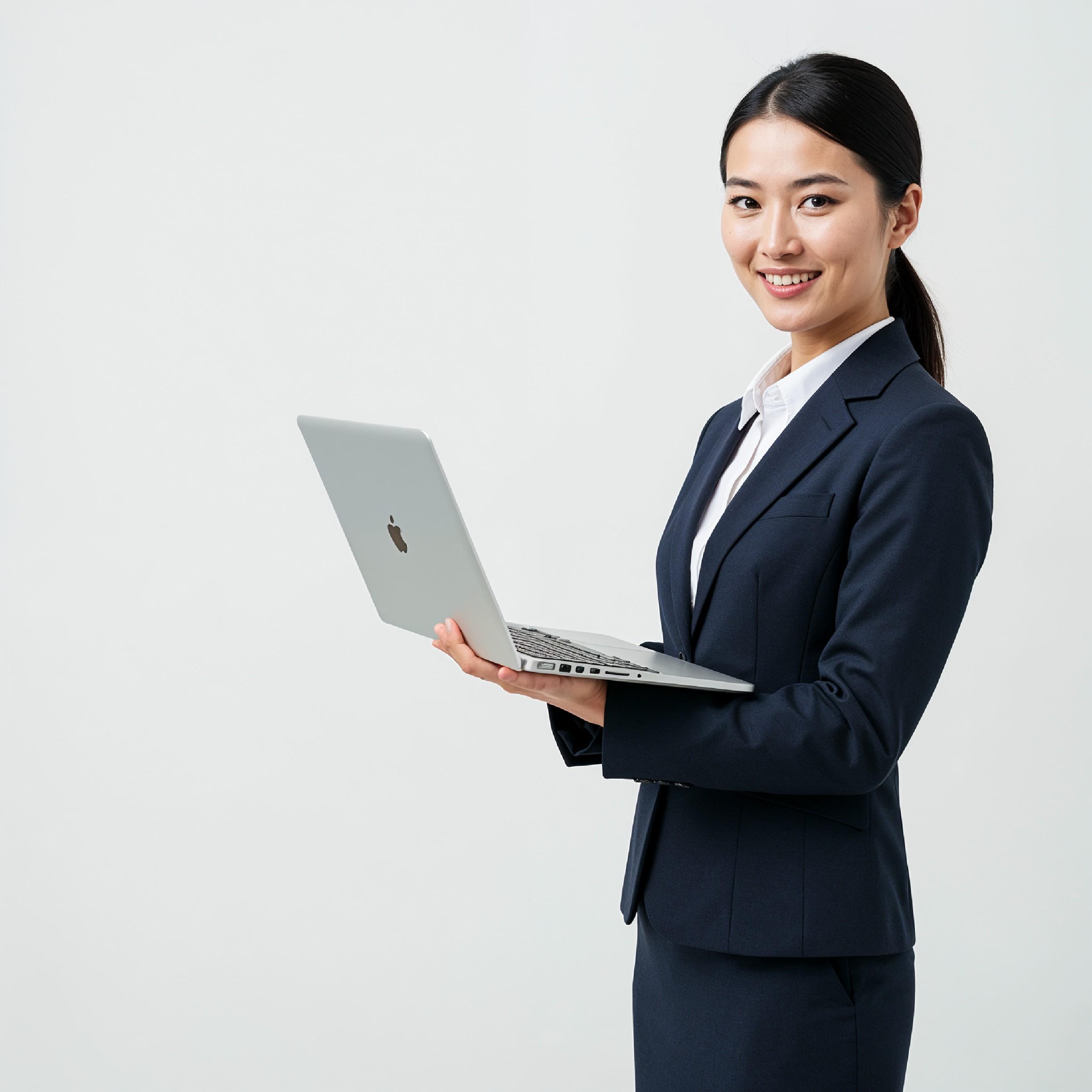 Young Woman Using Laptop While Standing Isolated on White Background, Technology Concept