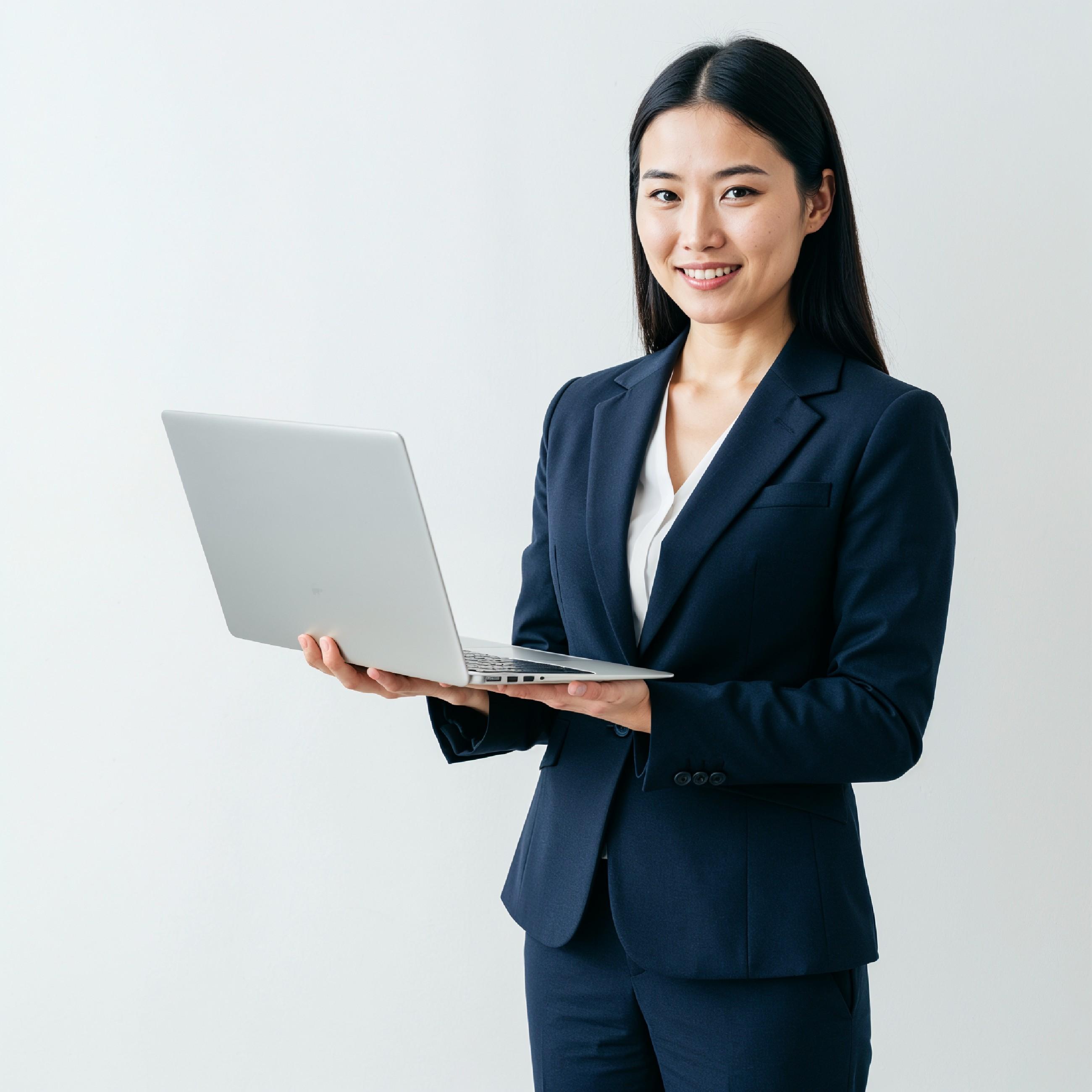 Young Woman Using Laptop While Standing Isolated on White Background, Technology Concept