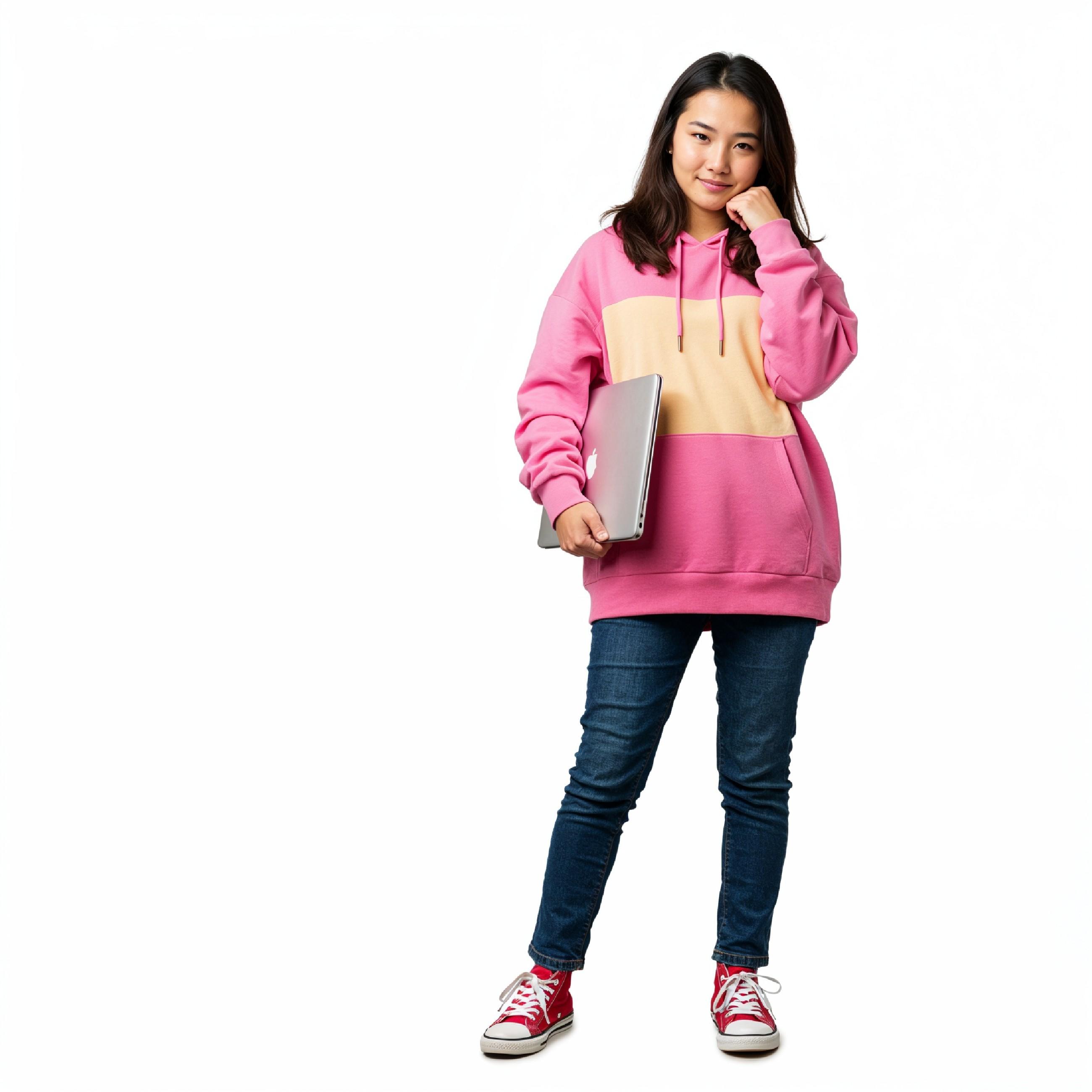 Young Woman Using Laptop While Standing Isolated on White Background, Technology Concept