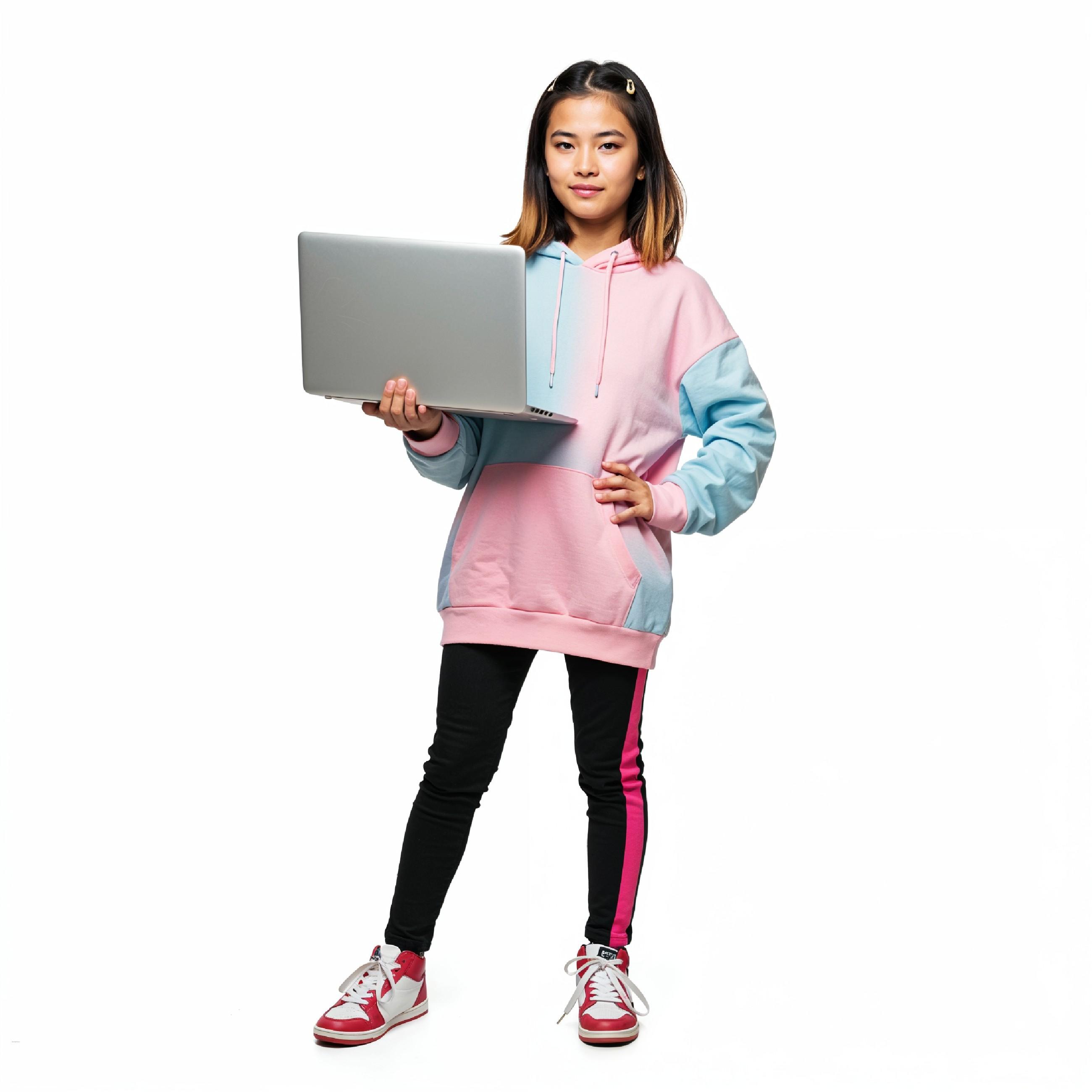 Young Woman Using Laptop While Standing Isolated on White Background, Technology Concept