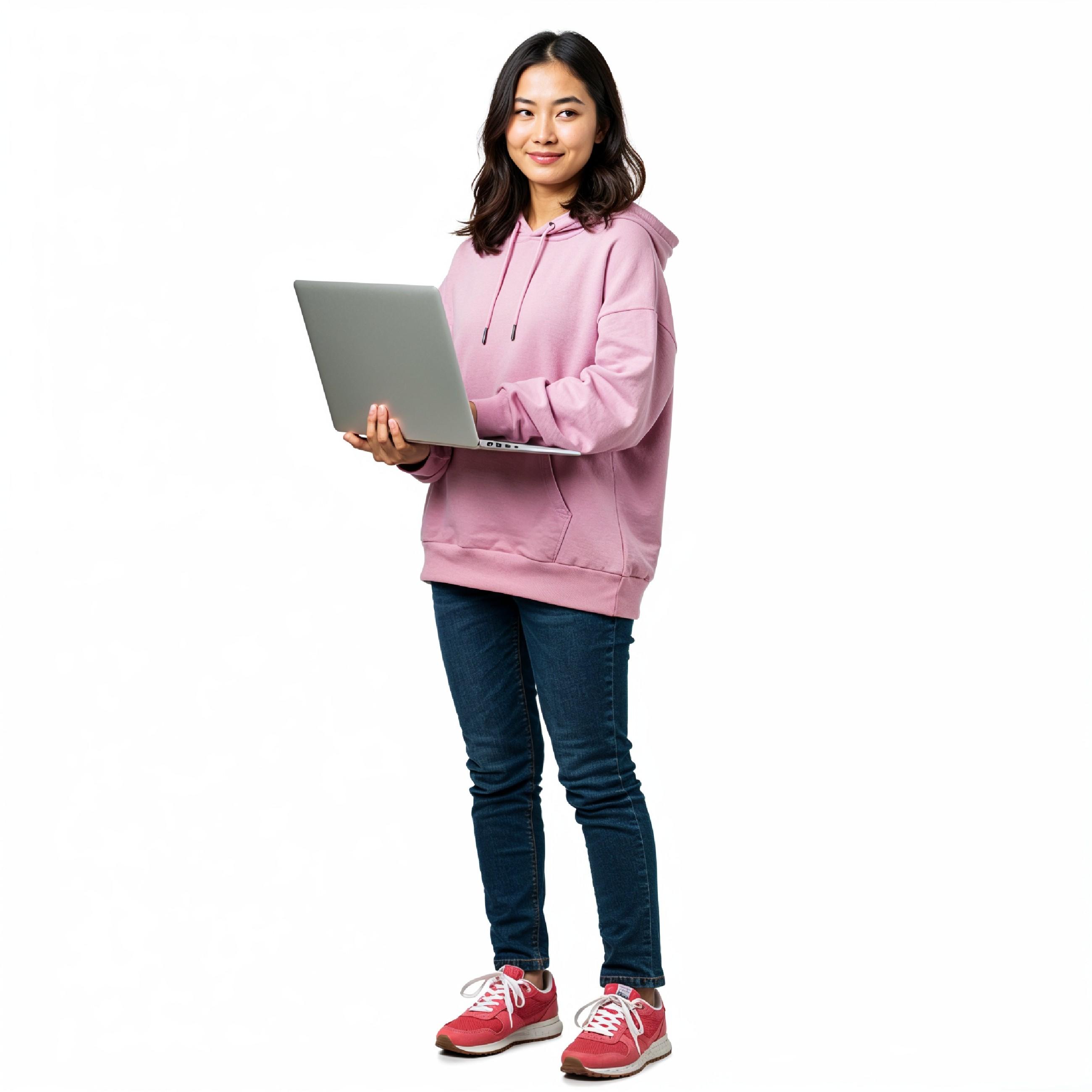 Young Woman Using Laptop While Standing Isolated on White Background, Technology Concept