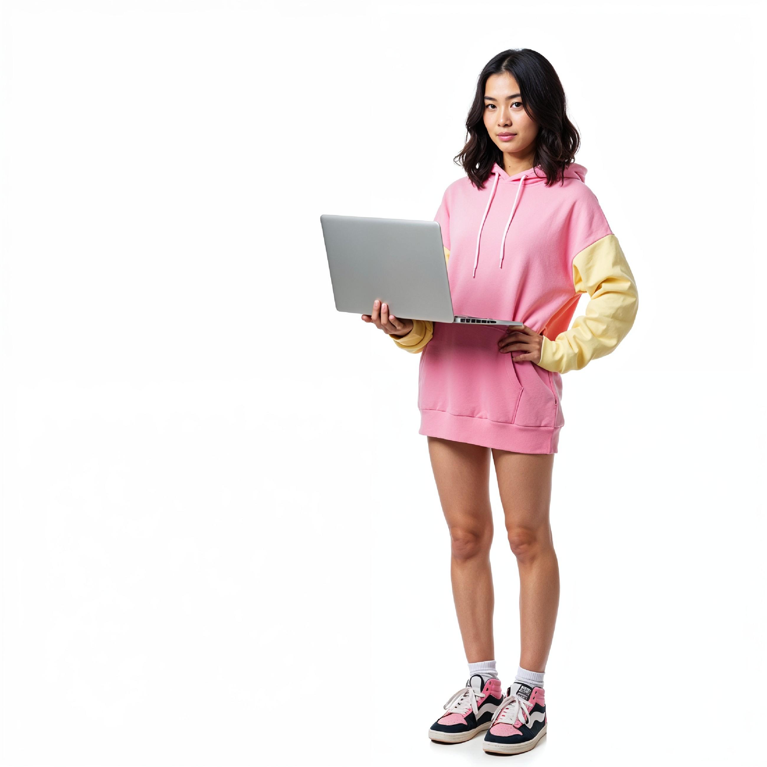 Young Woman Using Laptop While Standing Isolated on White Background, Technology Concept