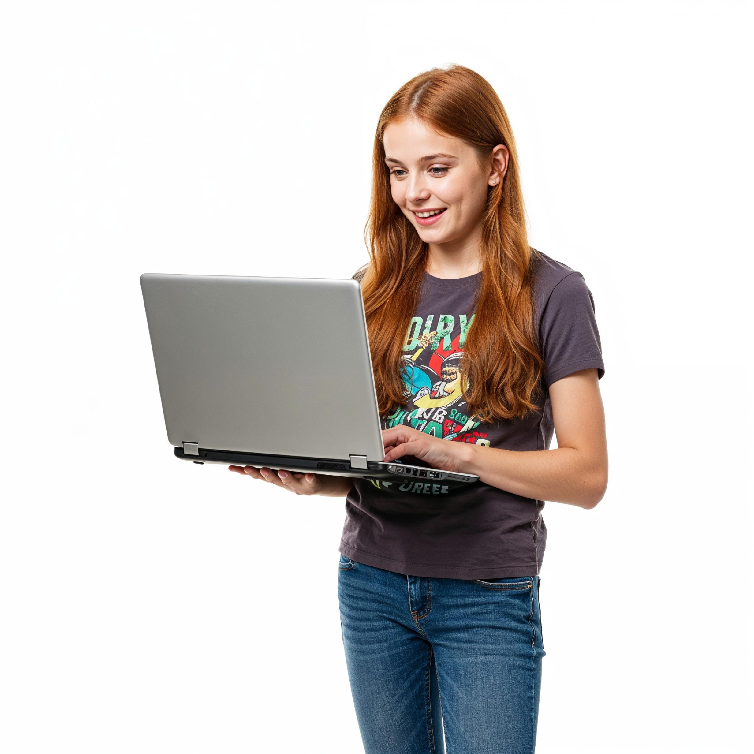 Young Woman Using Laptop While Standing Isolated on White Background, Technology Concept
