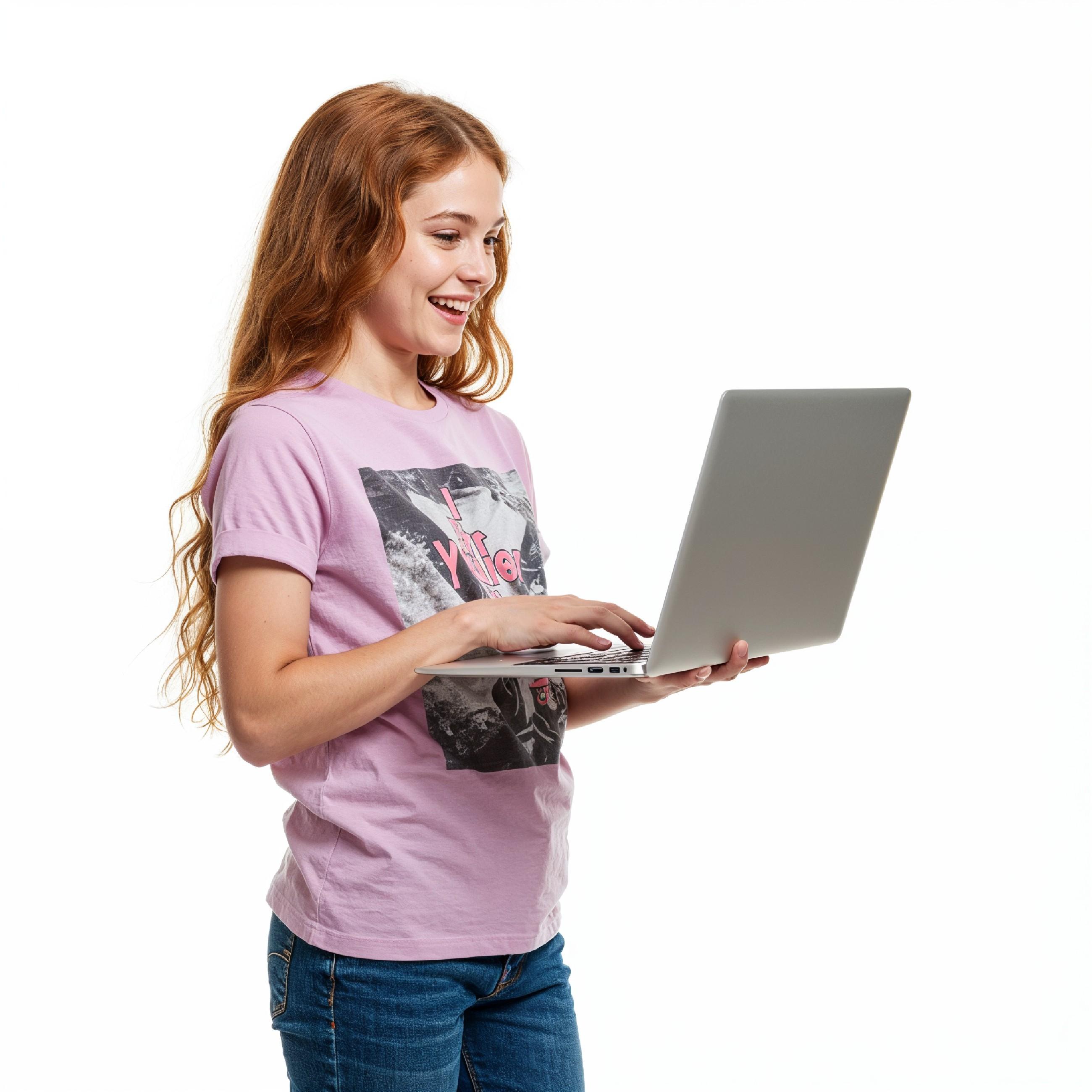 Young Woman Using Laptop While Standing Isolated on White Background, Technology Concept