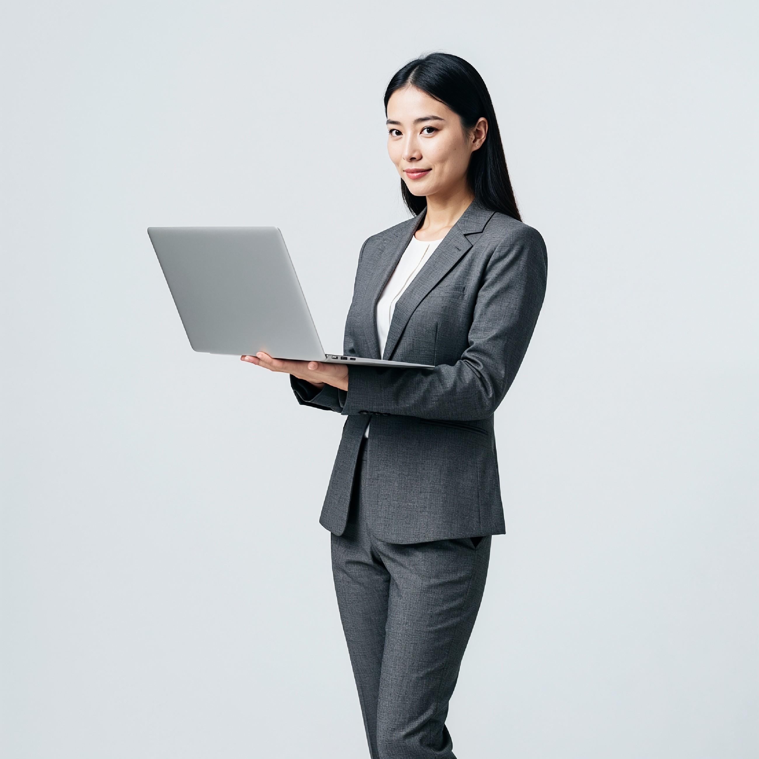 Young Woman Using Laptop While Standing Isolated on White Background, Technology Concept
