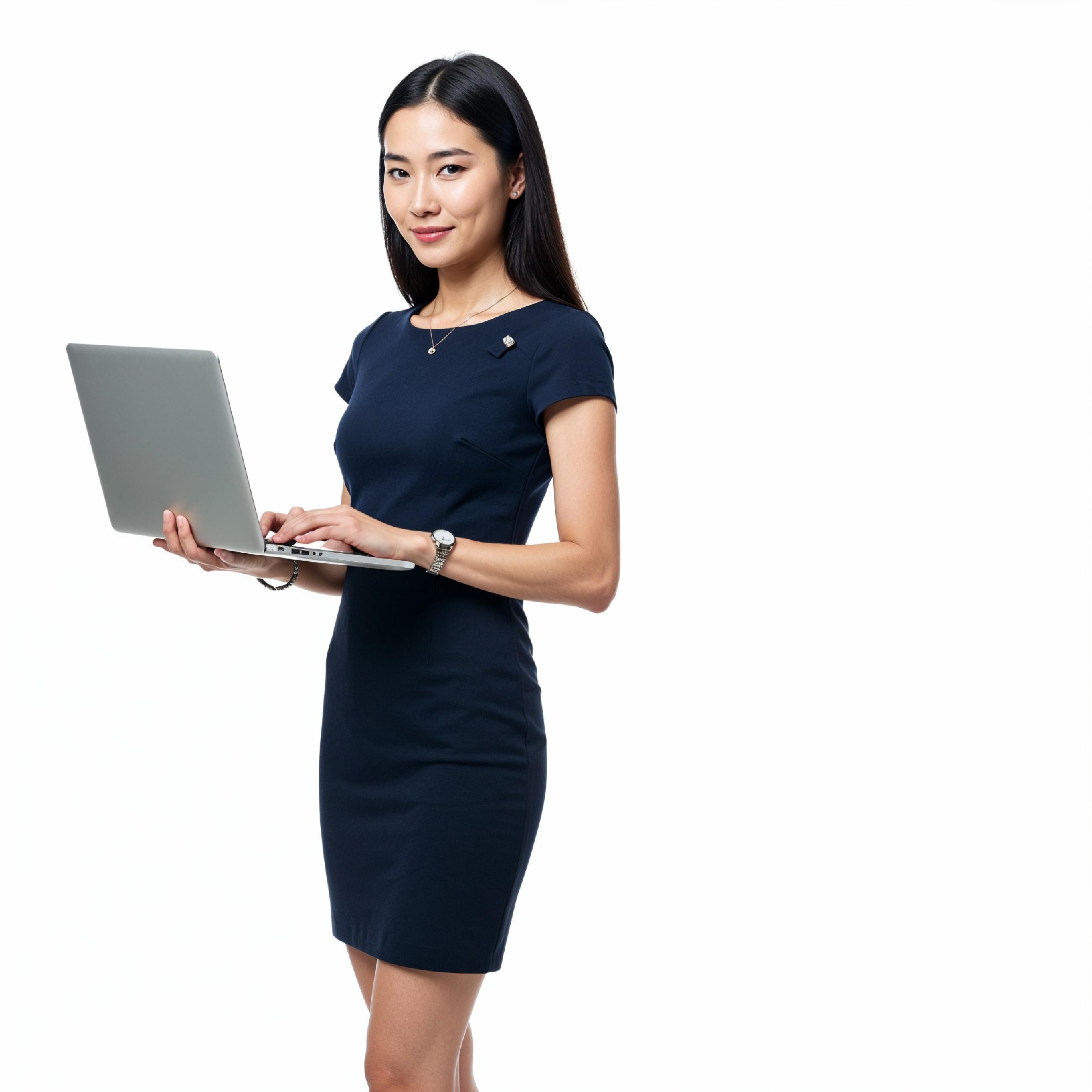 Young Woman Using Laptop While Standing Isolated on White Background, Technology Concept