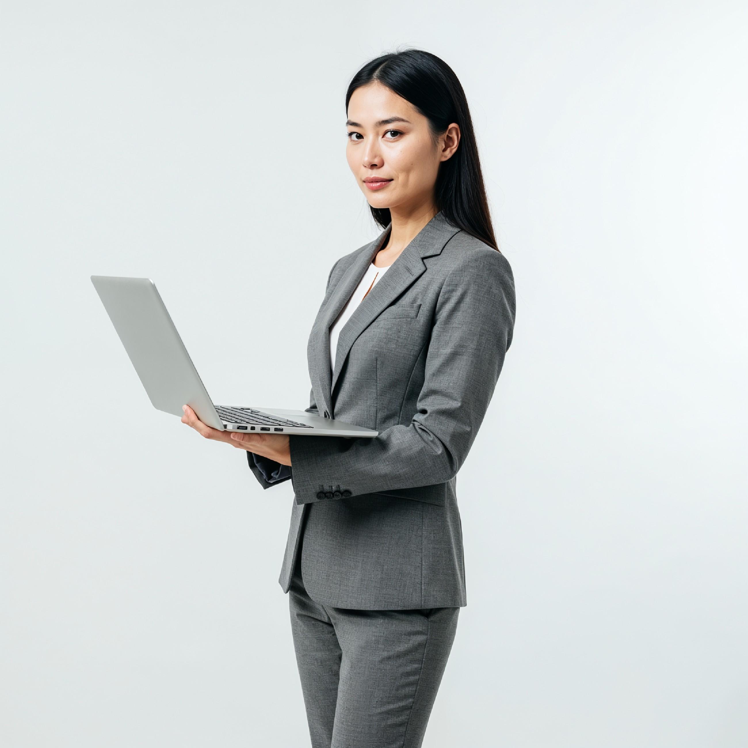 Young Woman Using Laptop While Standing Isolated on White Background, Technology Concept
