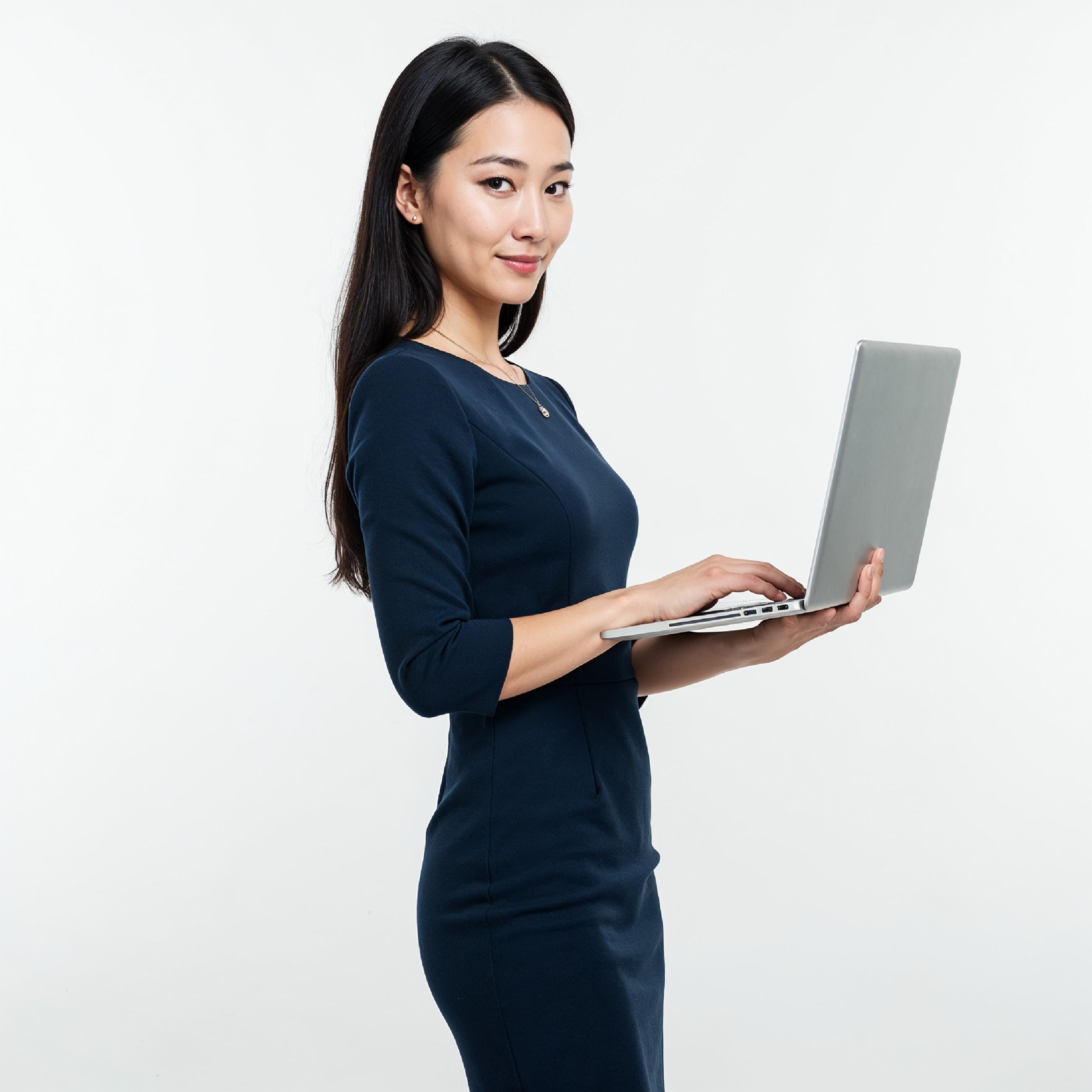 Young Woman Using Laptop While Standing Isolated on White Background, Technology Concept