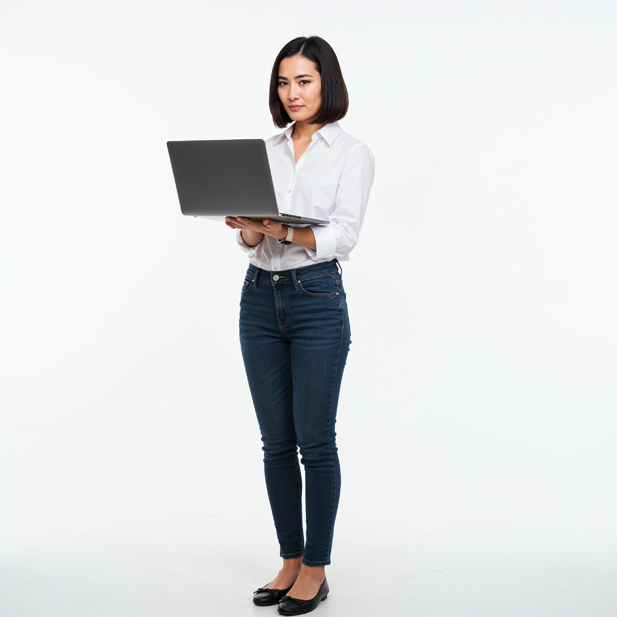 Young Woman Using Laptop While Standing Isolated on White Background, Technology Concept