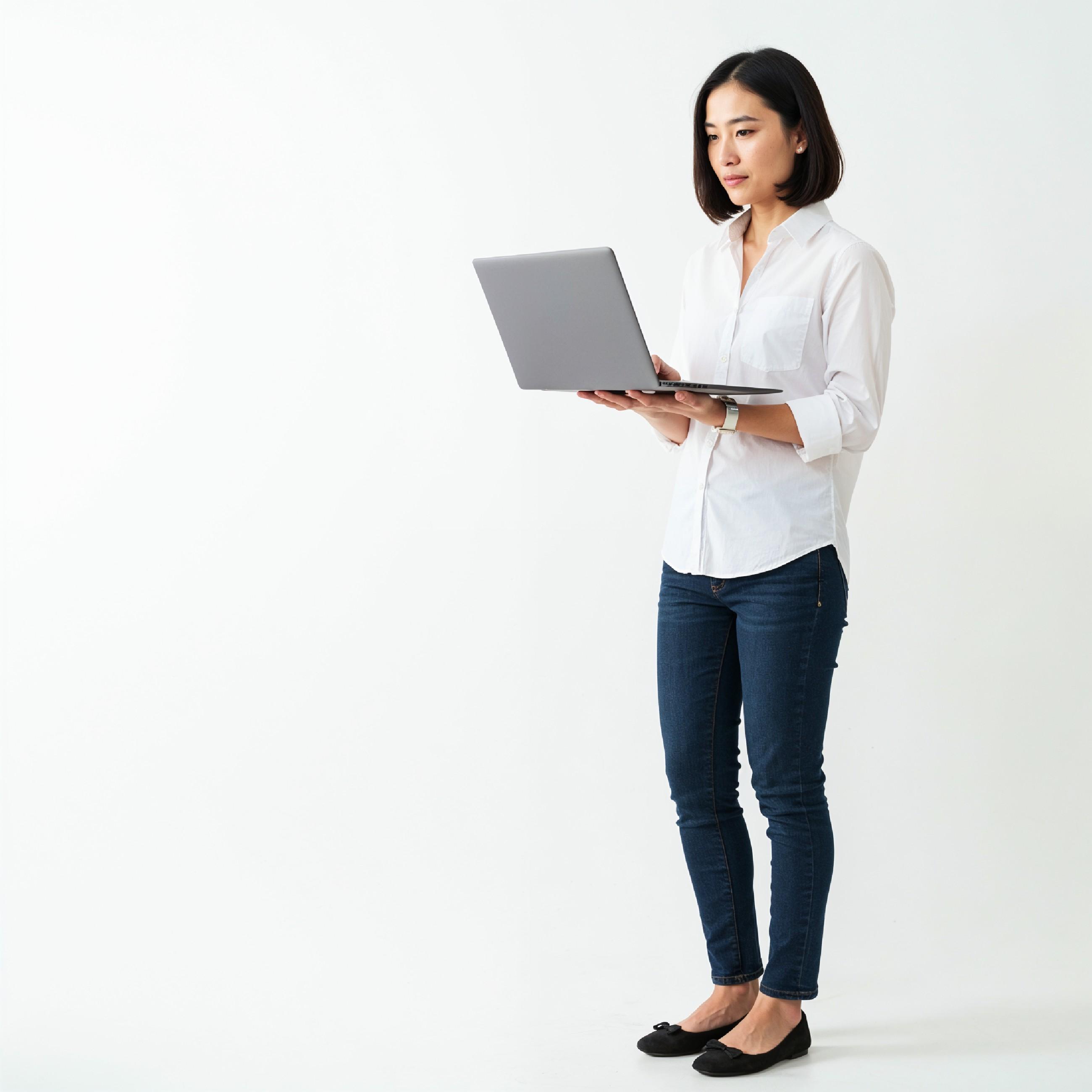Young Woman Using Laptop While Standing Isolated on White Background, Technology Concept