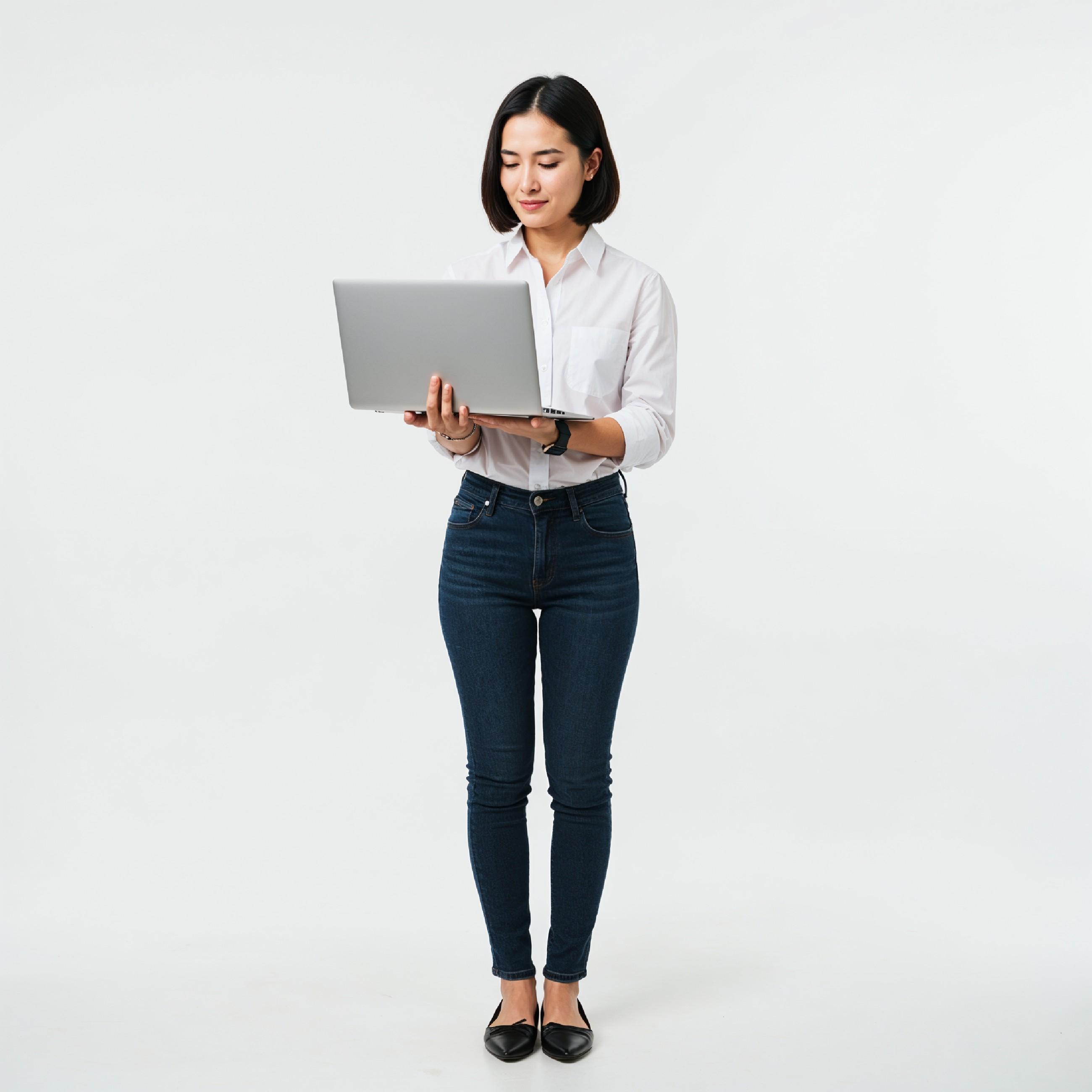 Young Woman Using Laptop While Standing Isolated on White Background, Technology Concept