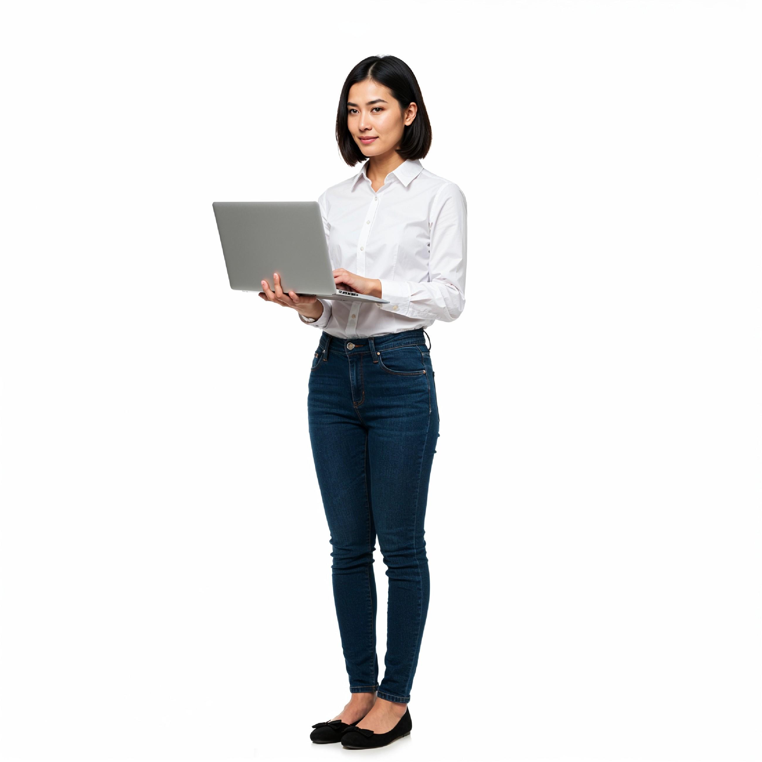 Young Woman Using Laptop While Standing Isolated on White Background, Technology Concept
