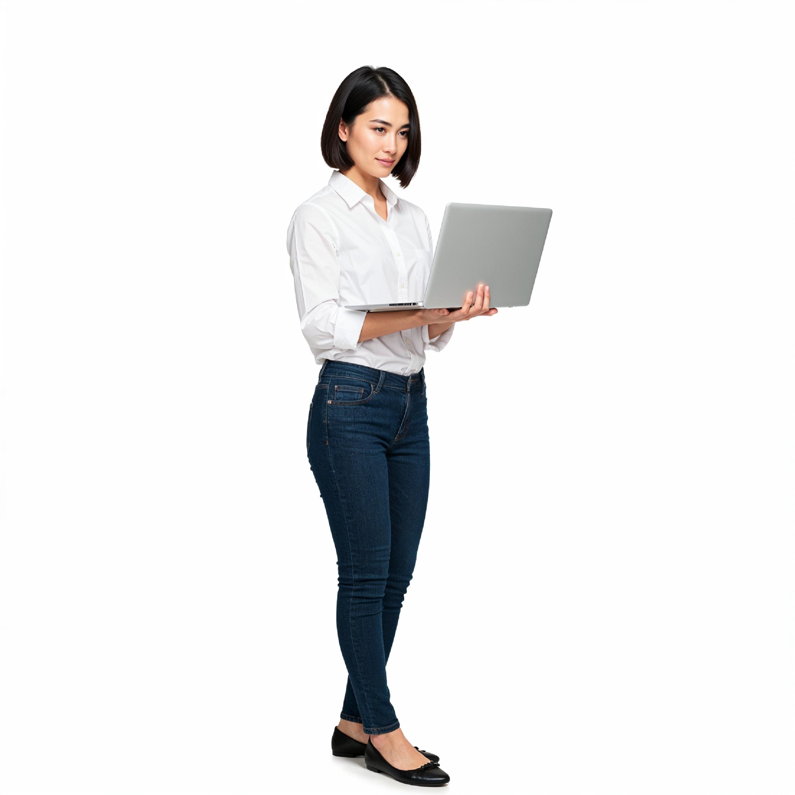 Young Woman Using Laptop While Standing Isolated on White Background, Technology Concept