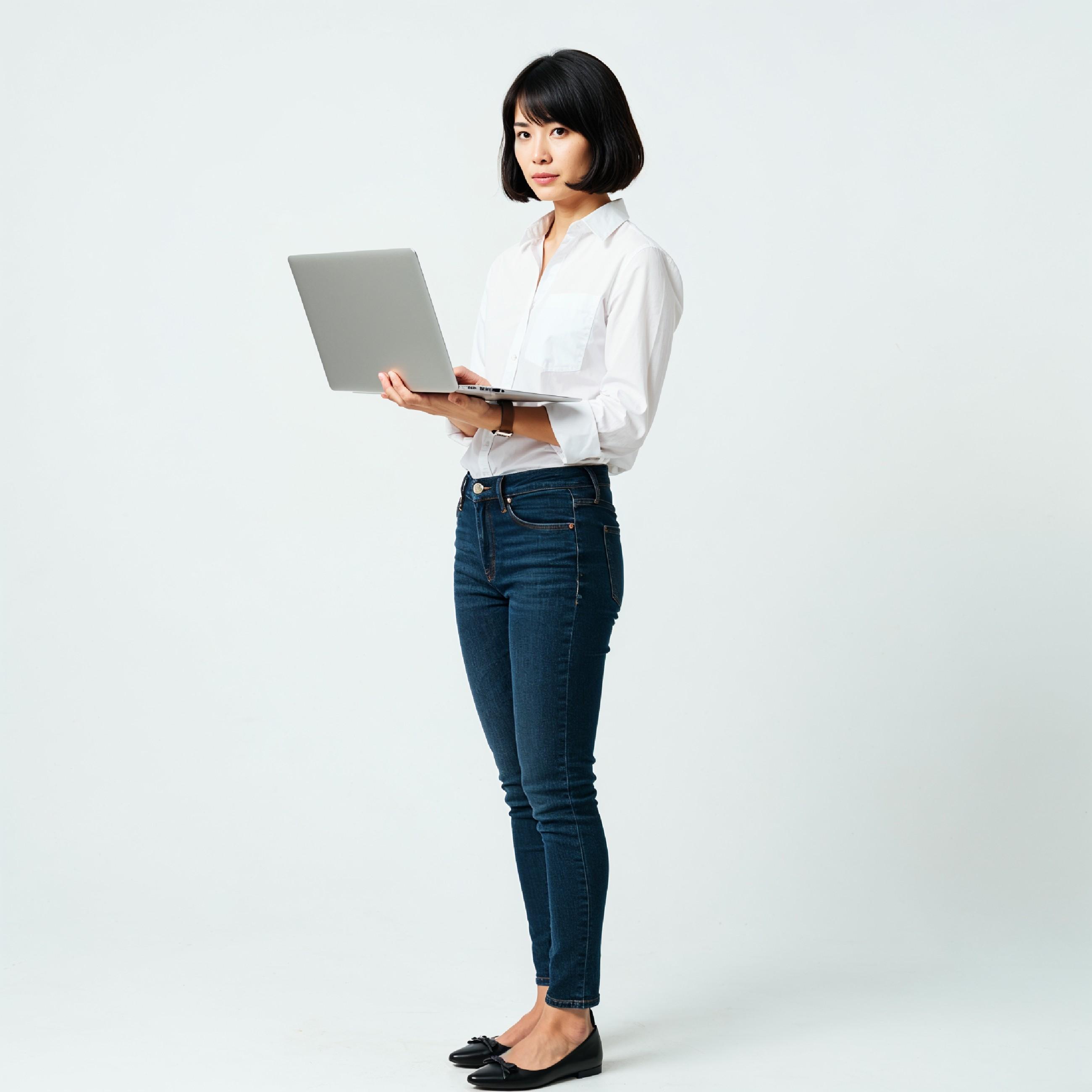 Young Woman Using Laptop While Standing Isolated on White Background, Technology Concept