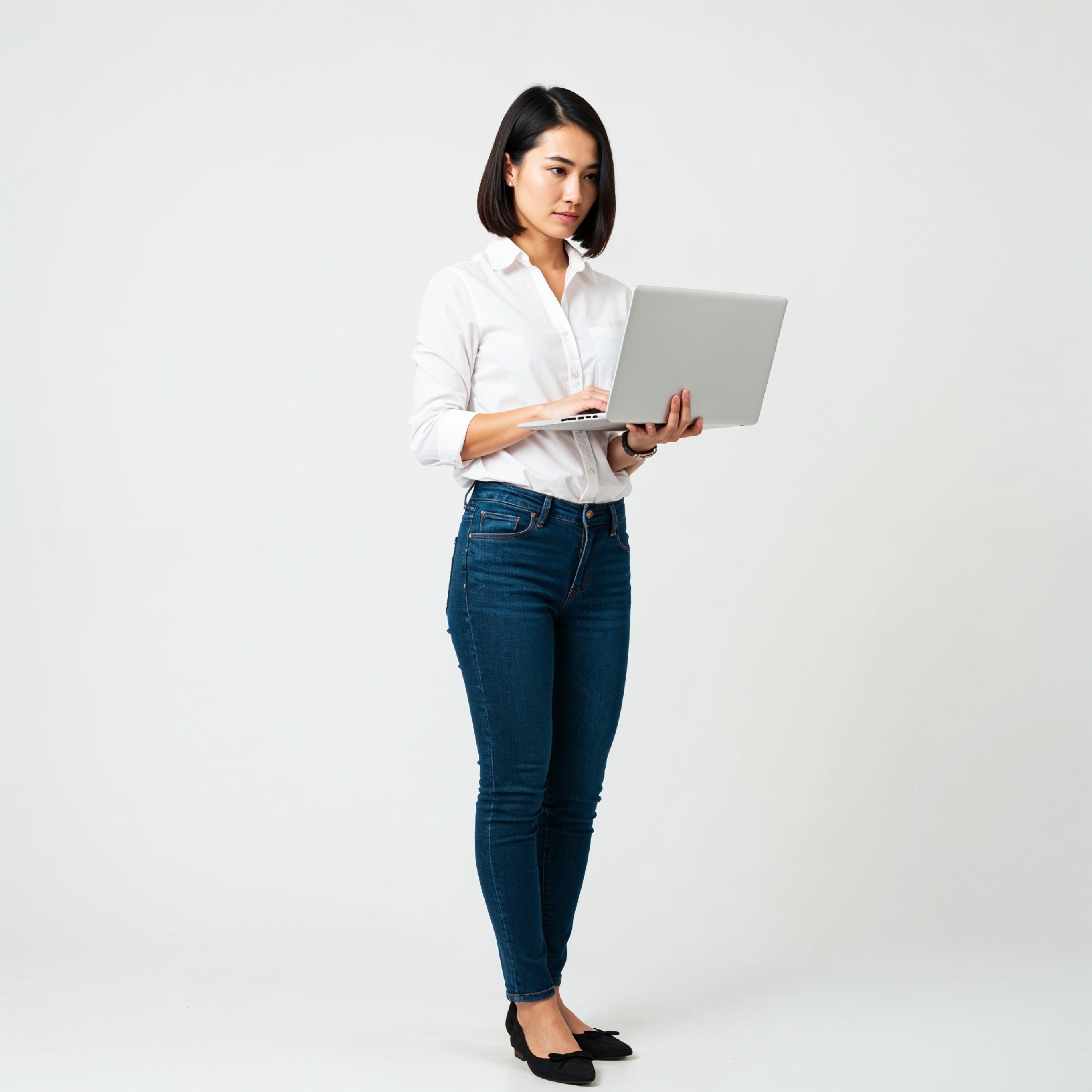 Young Woman Using Laptop While Standing Isolated on White Background, Technology Concept