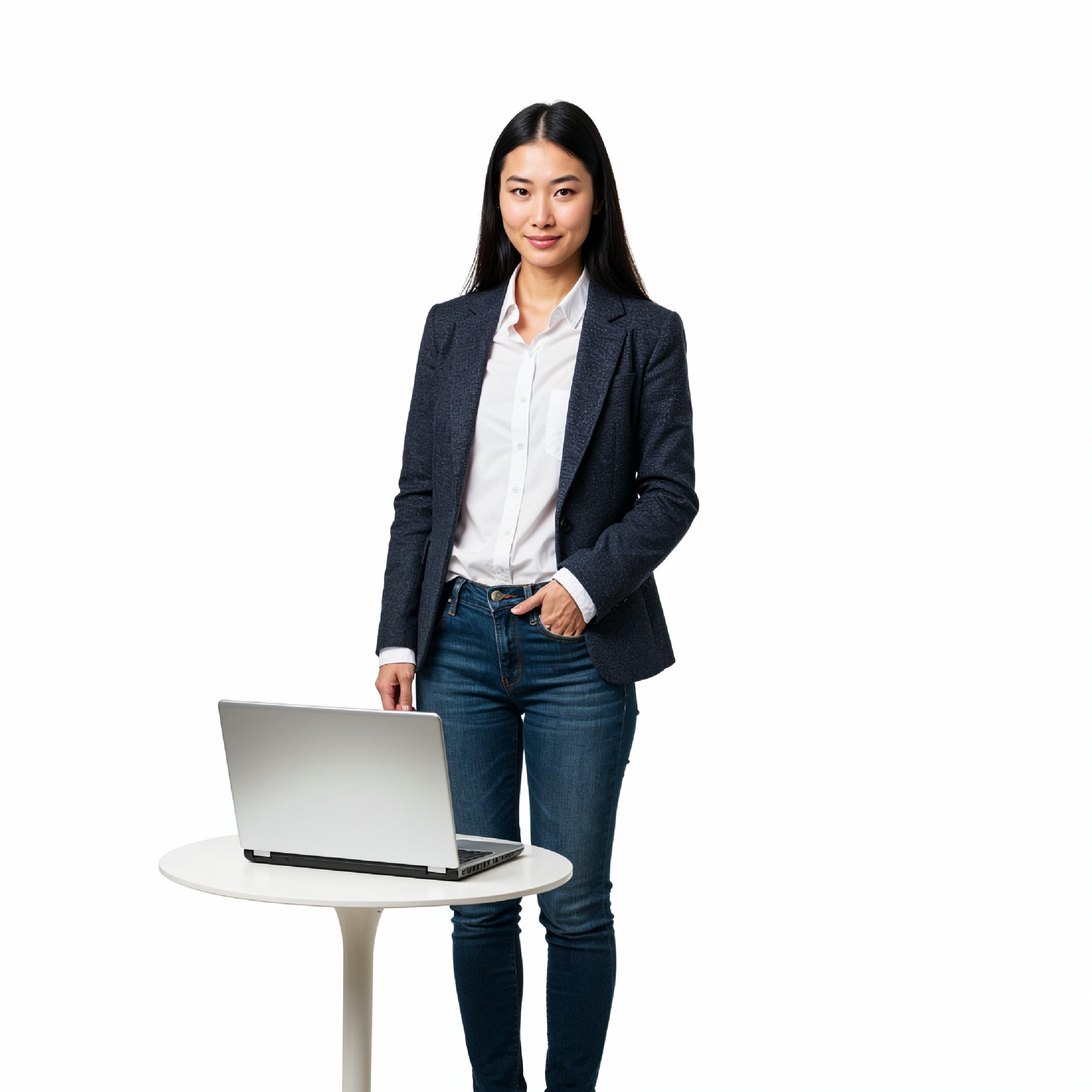 Young Woman Using Laptop While Standing Isolated on White Background, Technology Concept