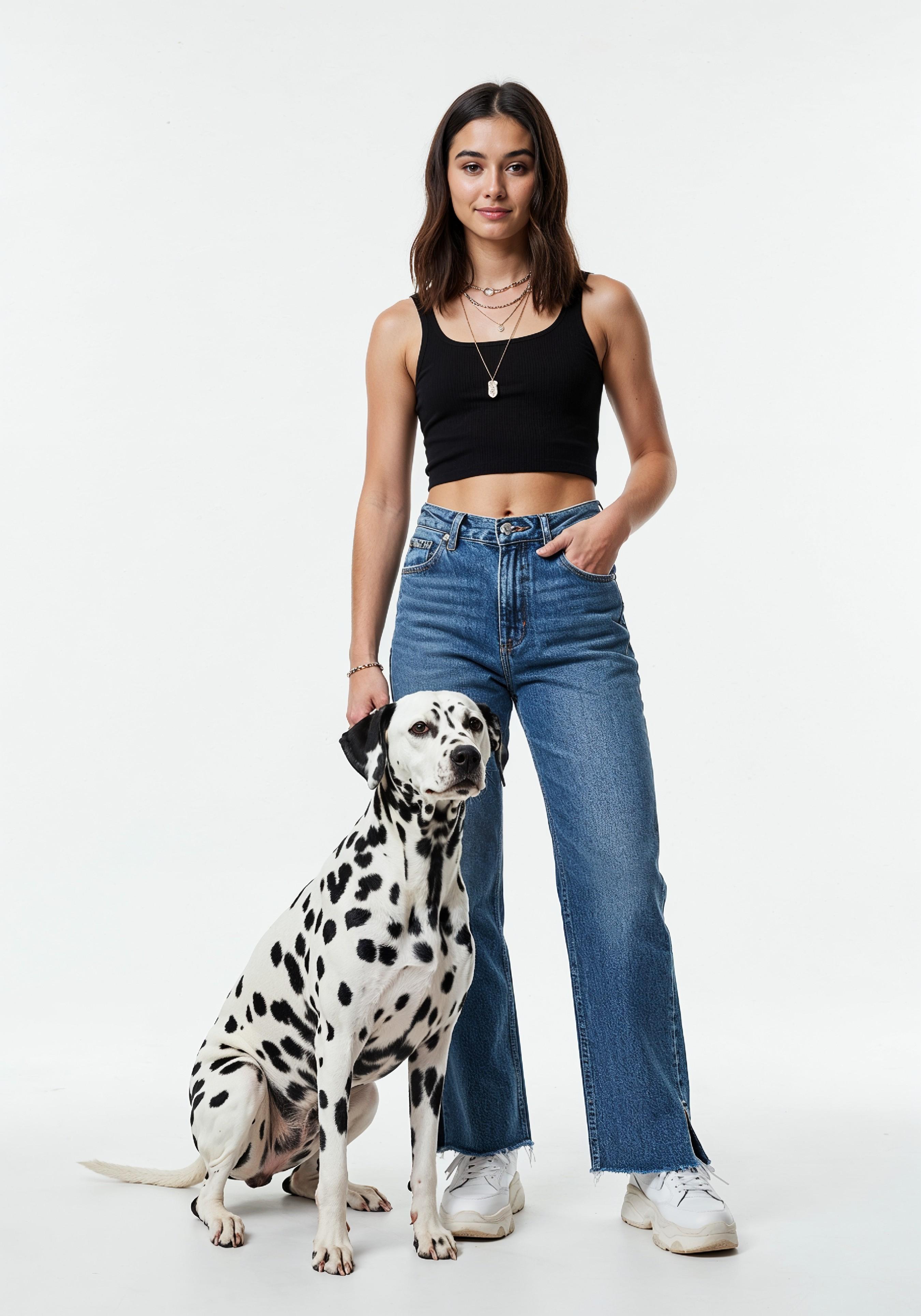 Young Woman with Pet Dog Lifestyle Portrait in Casual Fashion and Animal Companion Theme