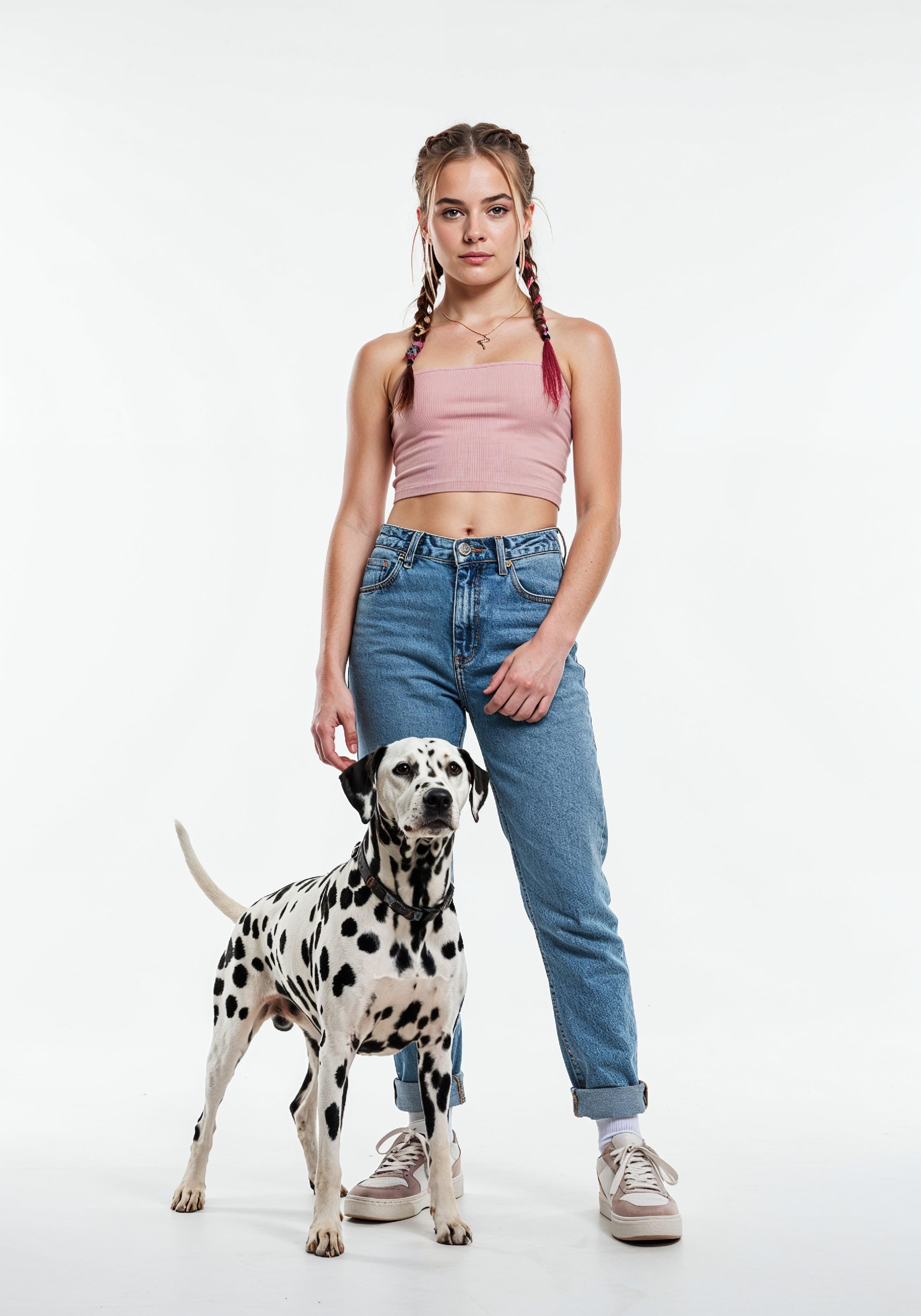 Young Woman with Pet Dog Lifestyle Portrait in Casual Fashion and Animal Companion Theme