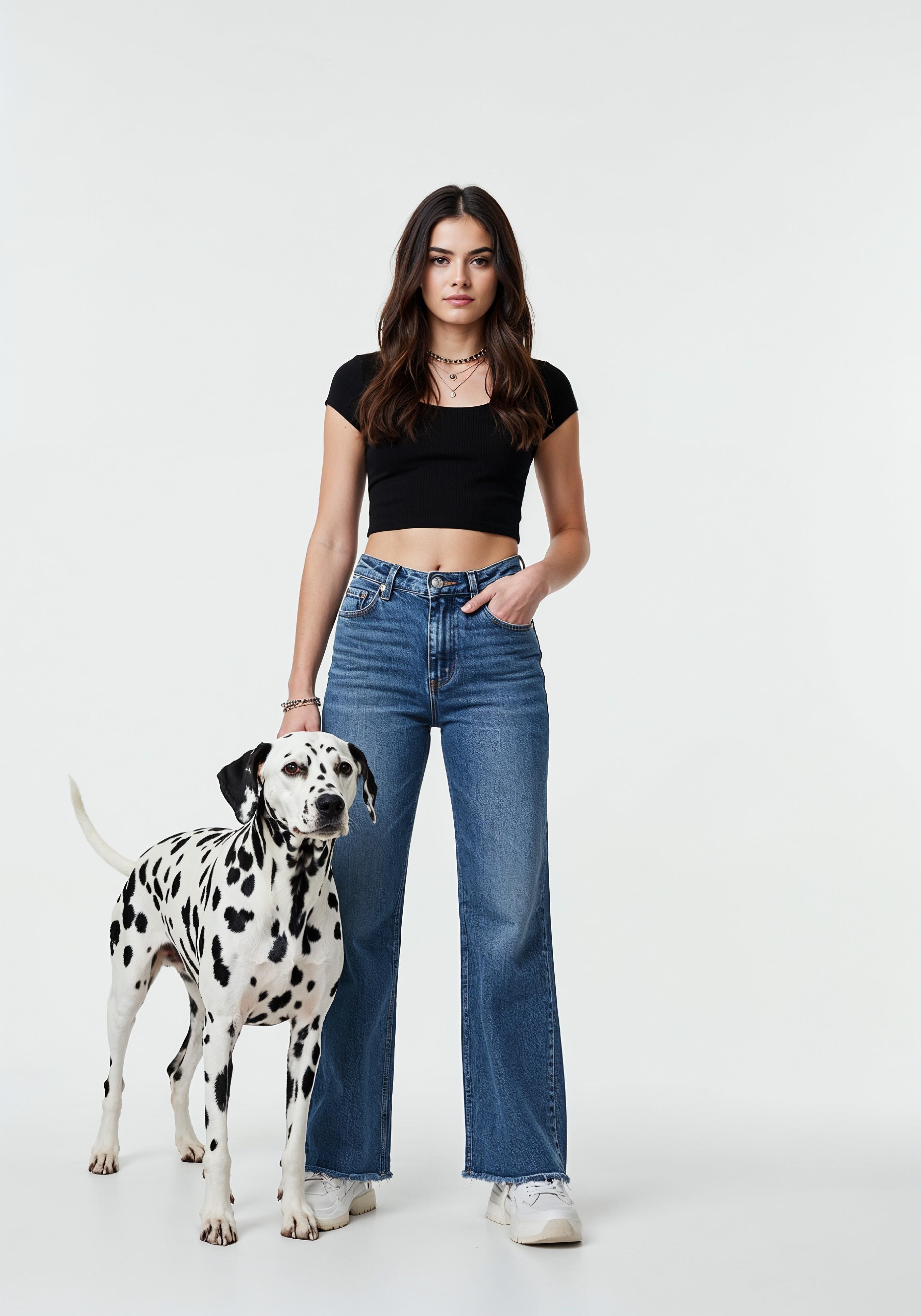 Young Woman with Pet Dog Lifestyle Portrait in Casual Fashion and Animal Companion Theme