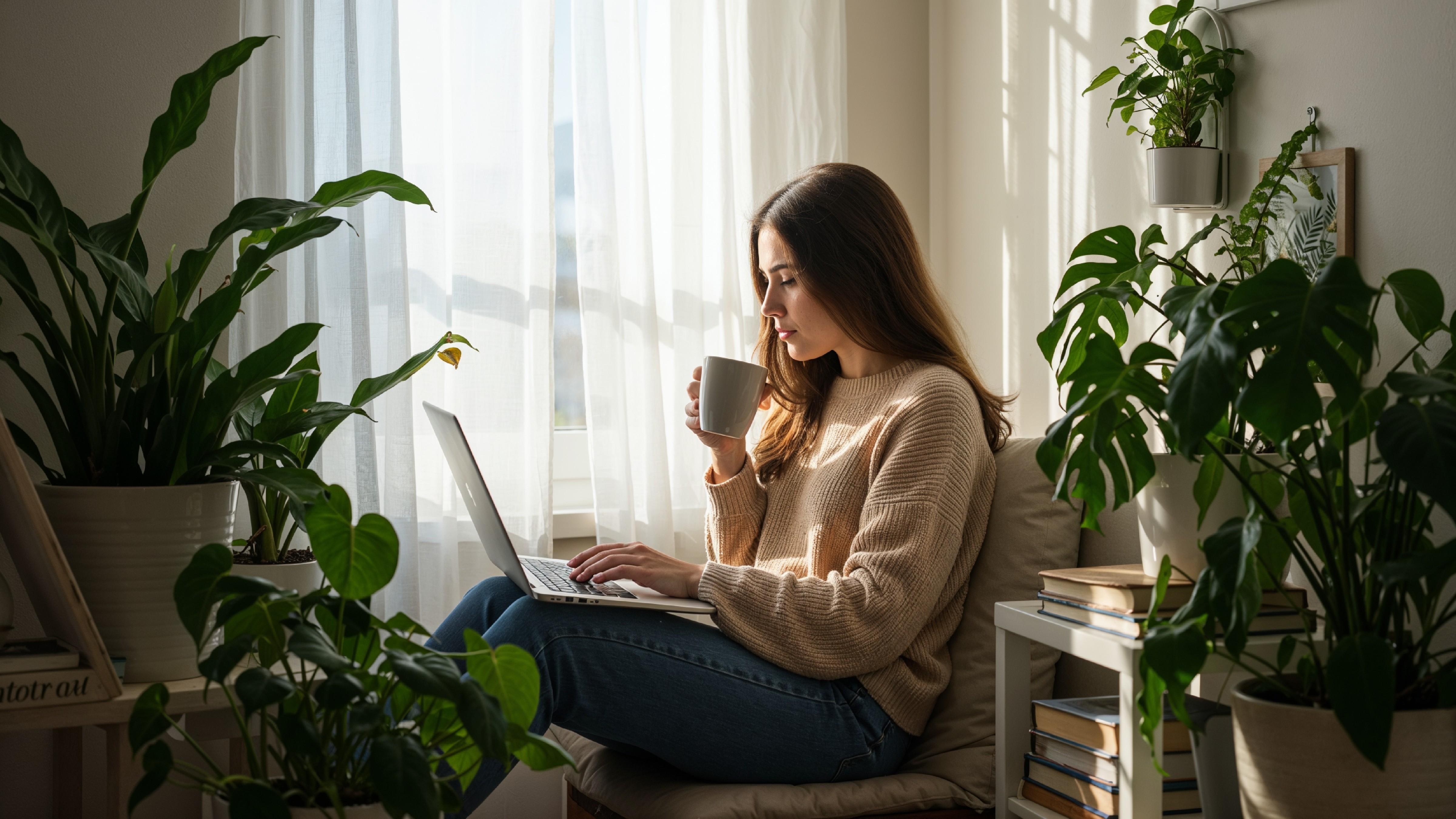 Young Woman Working on Laptop at Modern Home Office Workspace