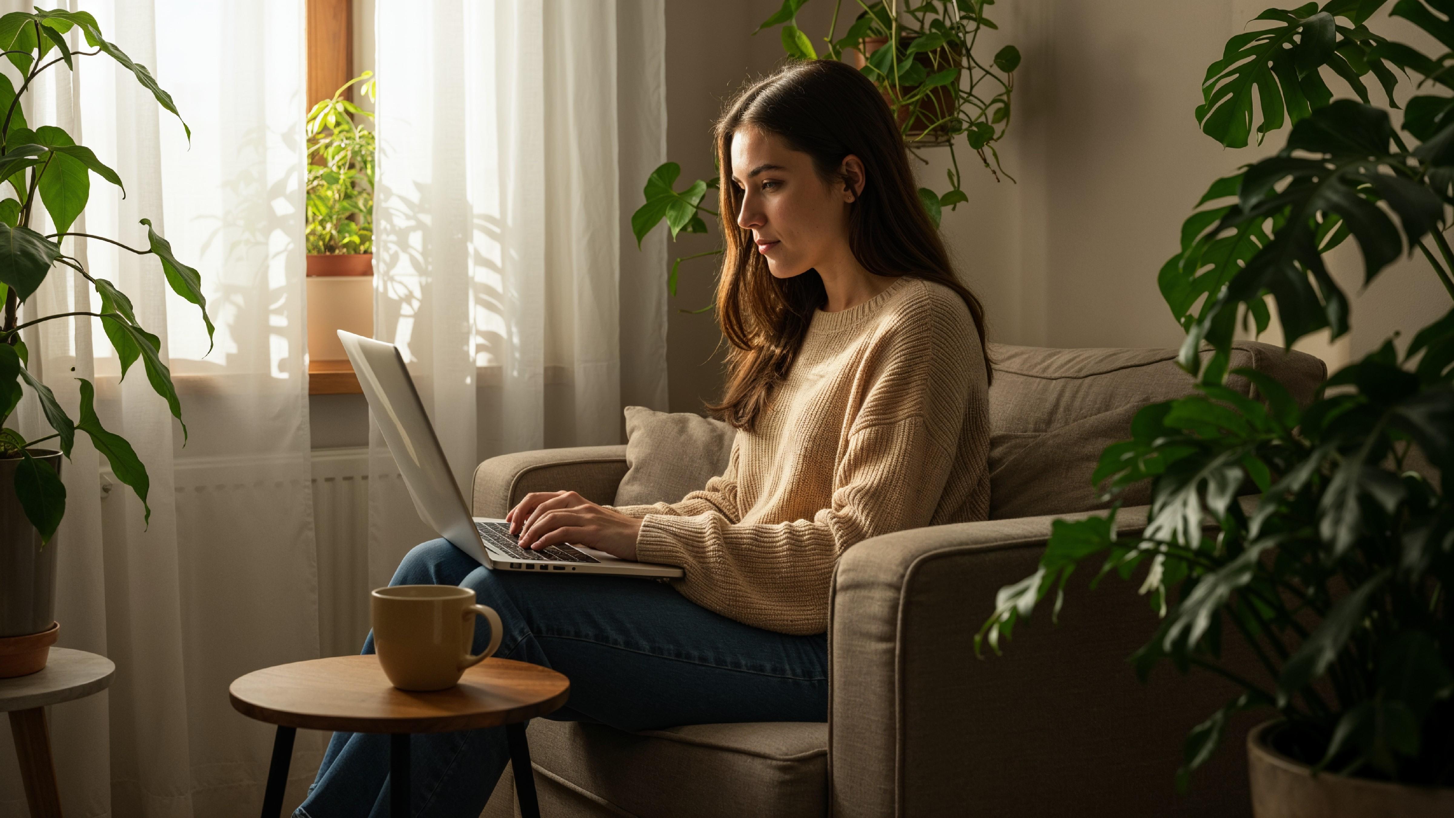 Young Woman Working on Laptop at Modern Home Office Workspace