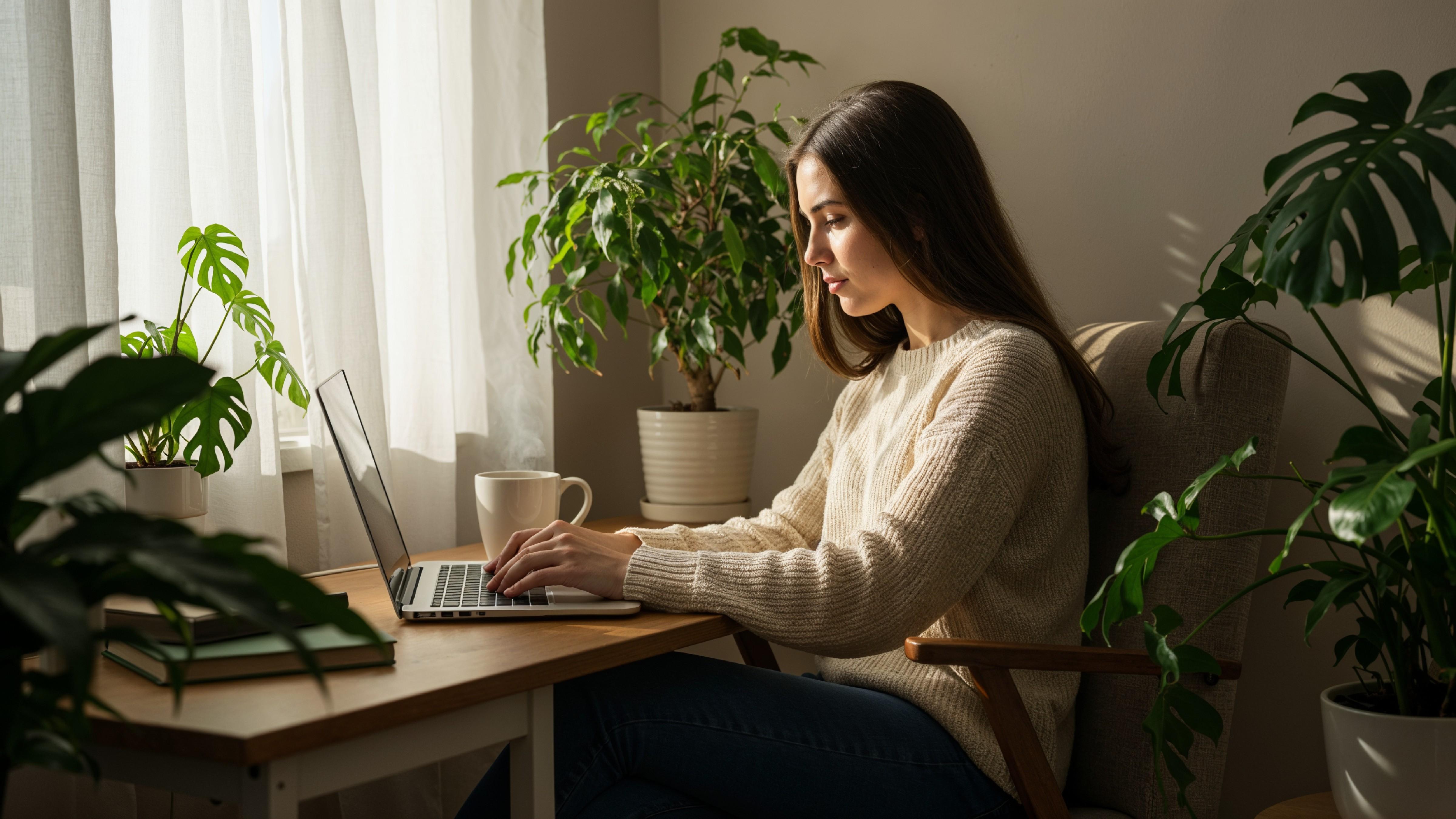 Young Woman Working on Laptop at Modern Home Office Workspace