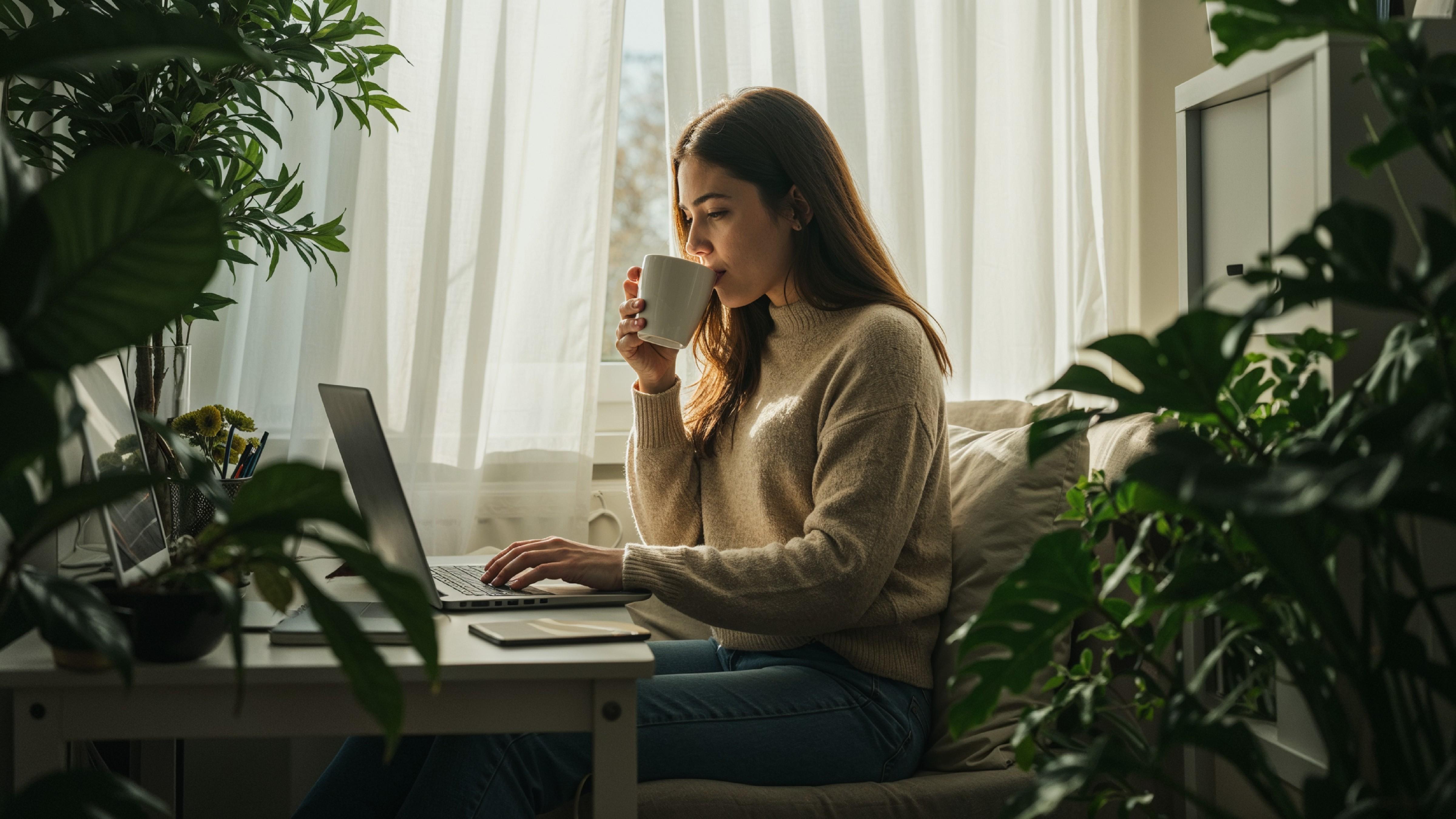 Young Woman Working on Laptop at Modern Home Office Workspace