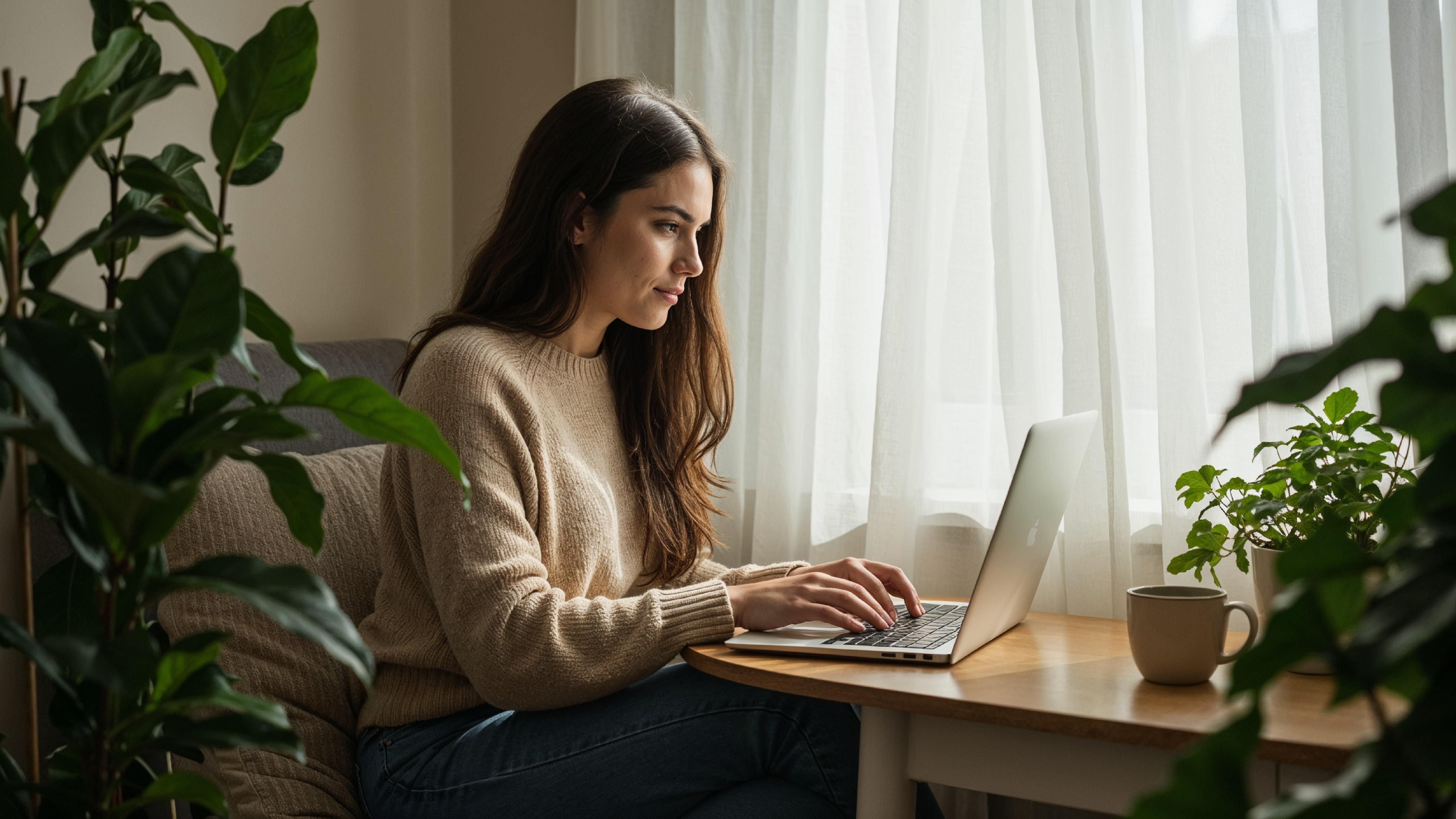 Young Woman Working on Laptop at Modern Home Office Workspace