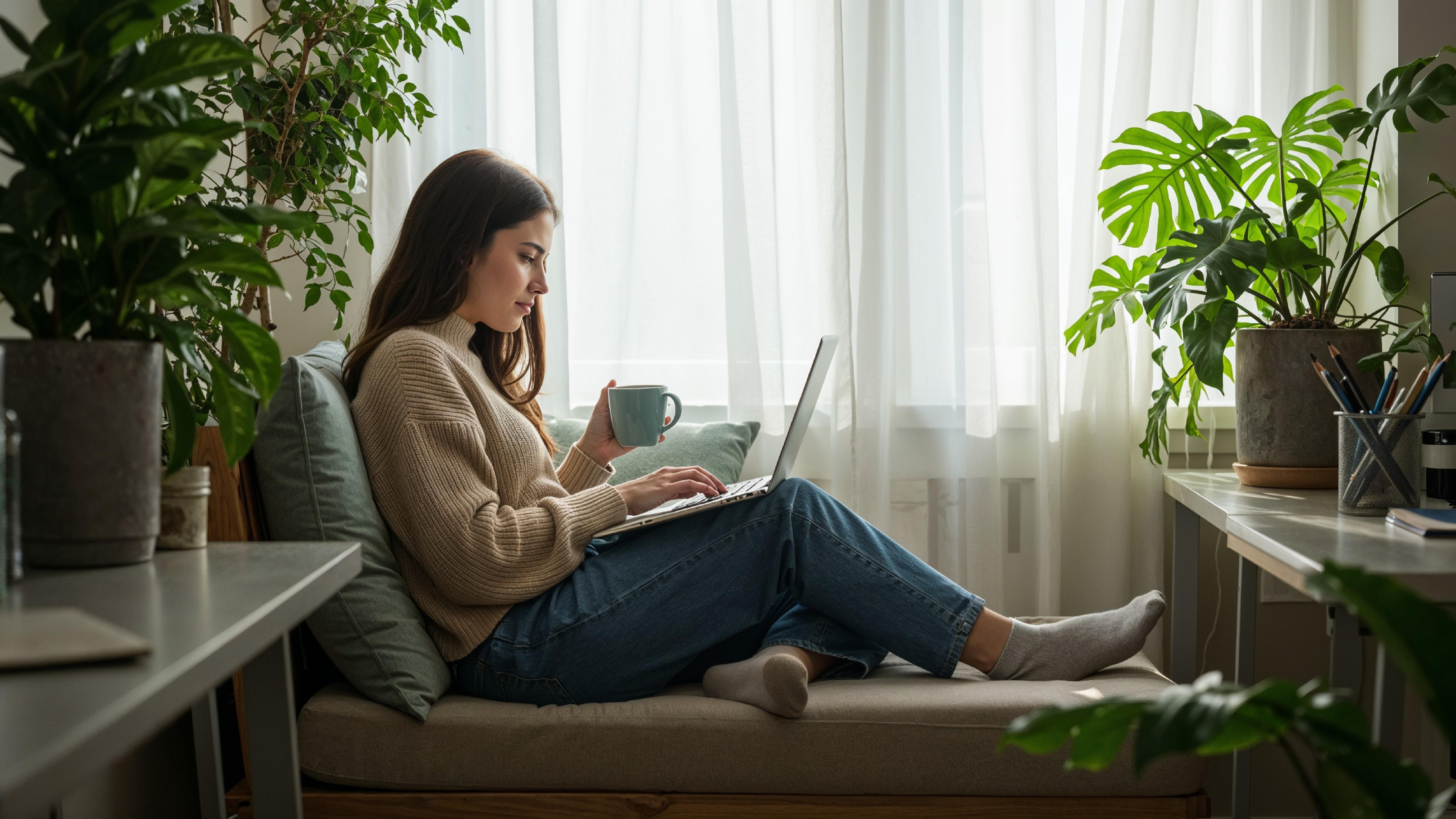 Young Woman Working on Laptop at Modern Home Office Workspace