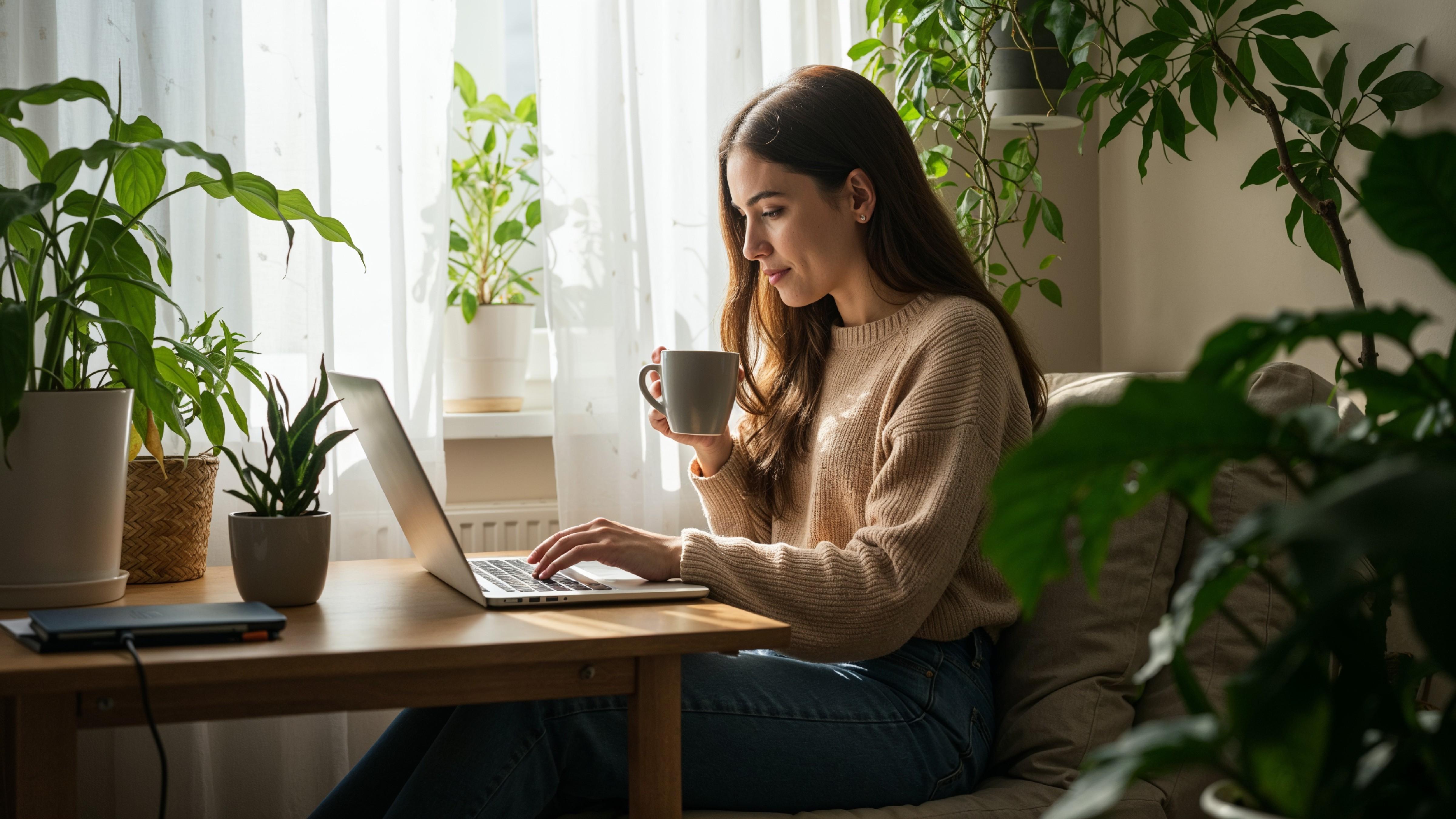 Young Woman Working on Laptop at Modern Home Office Workspace