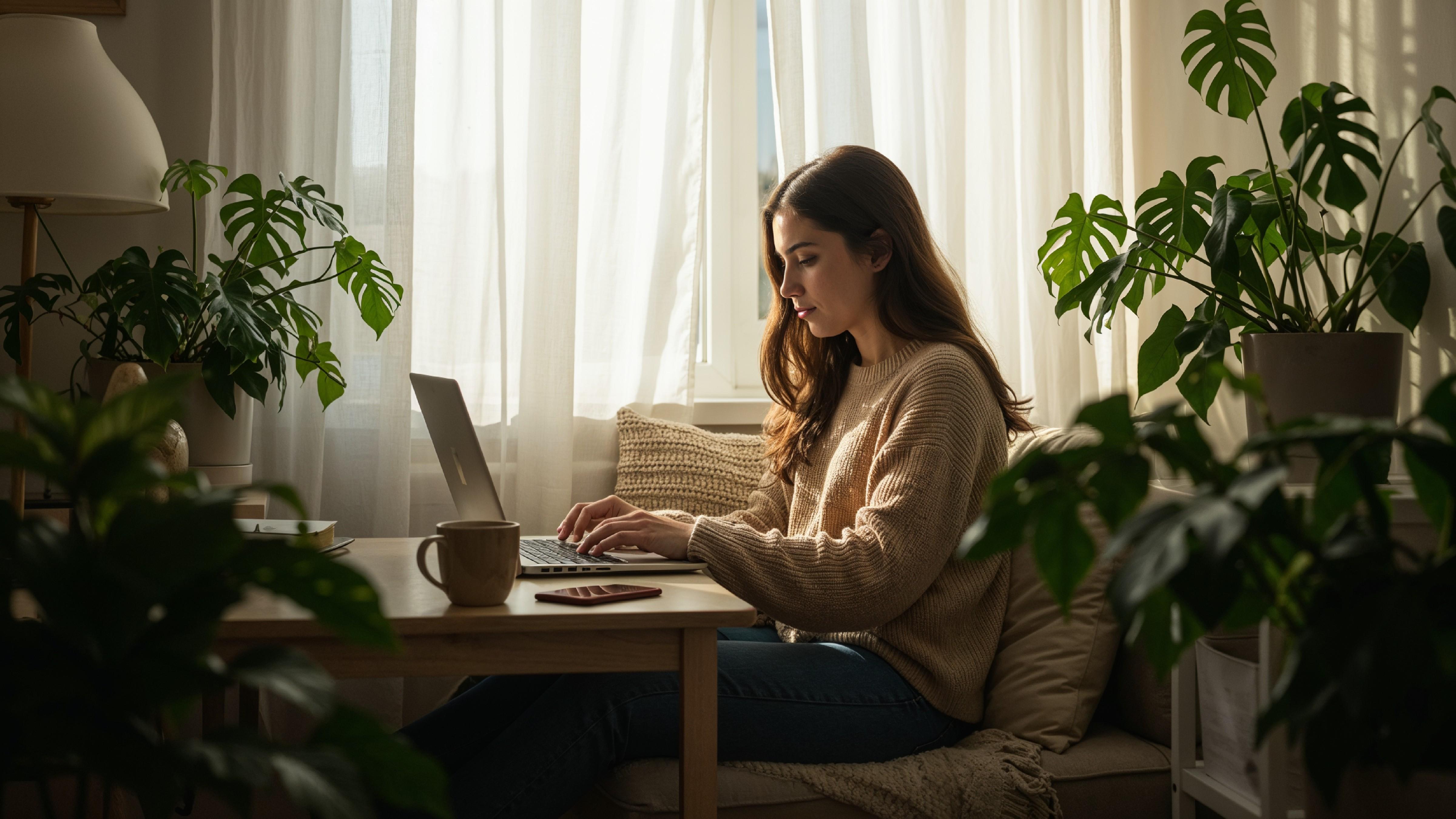 Young Woman Working on Laptop at Modern Home Office Workspace