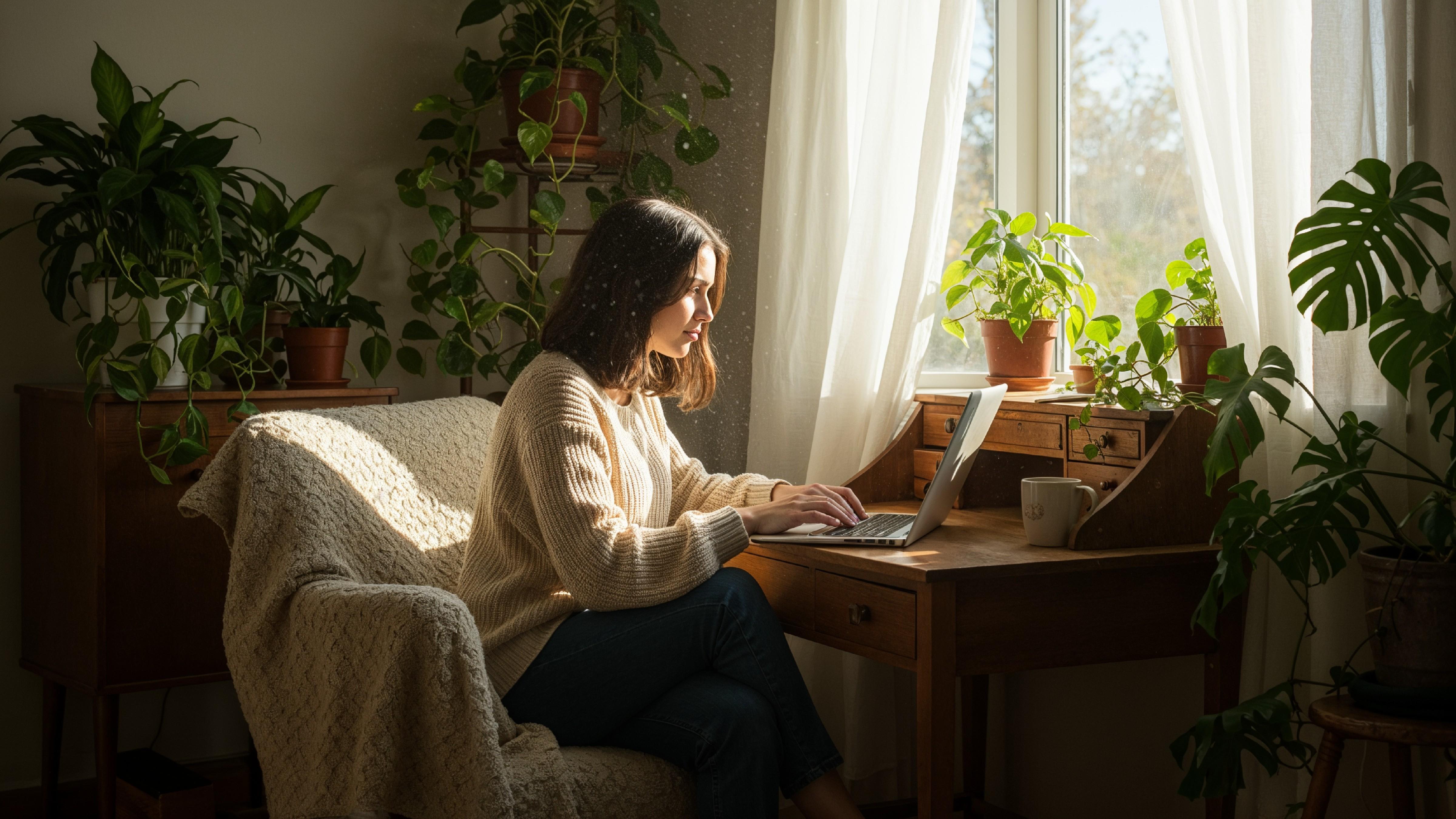 Young Woman Working on Laptop at Modern Home Office Workspace