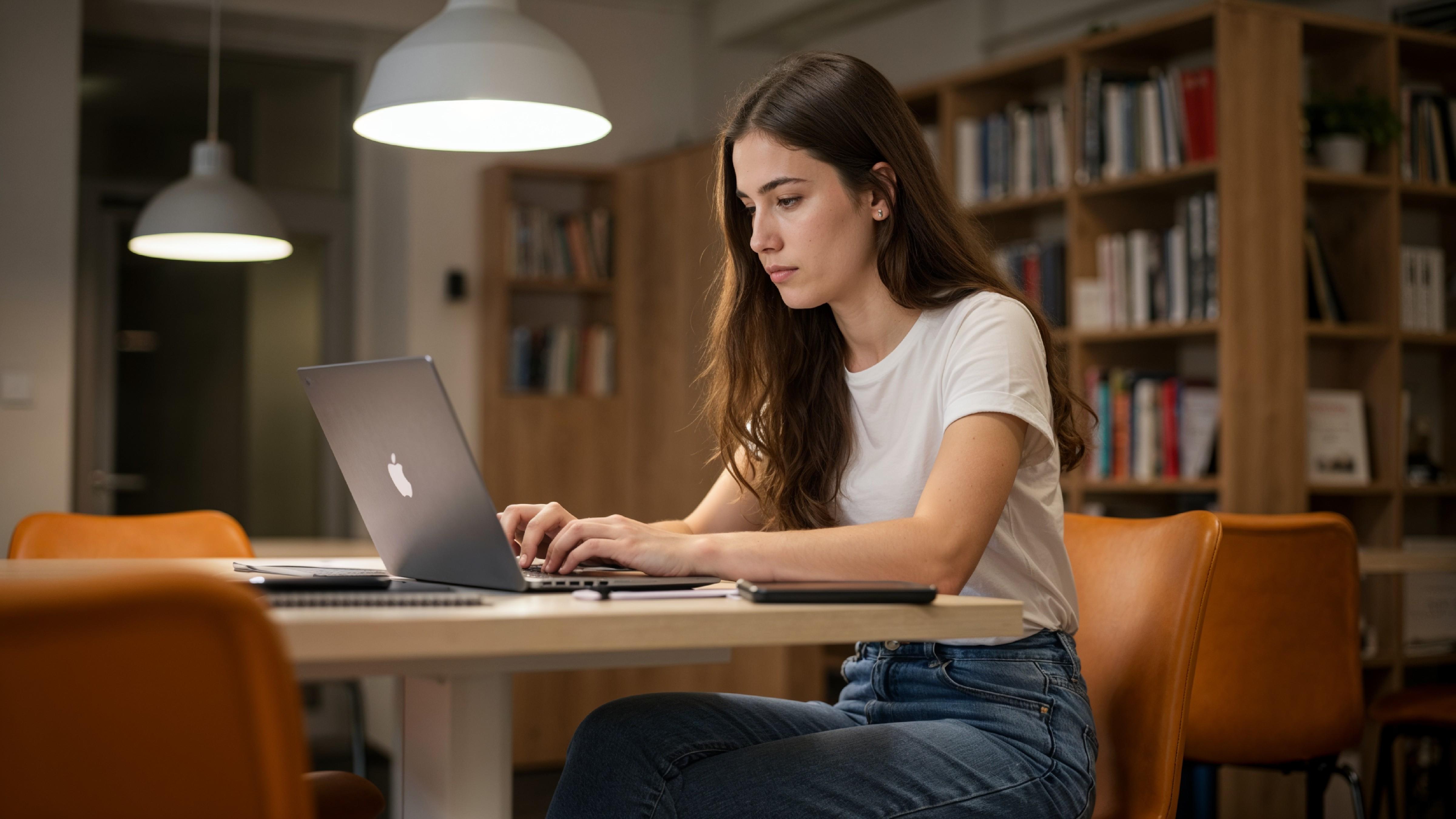 Young Woman Working on Laptop at Modern Home Office Workspace