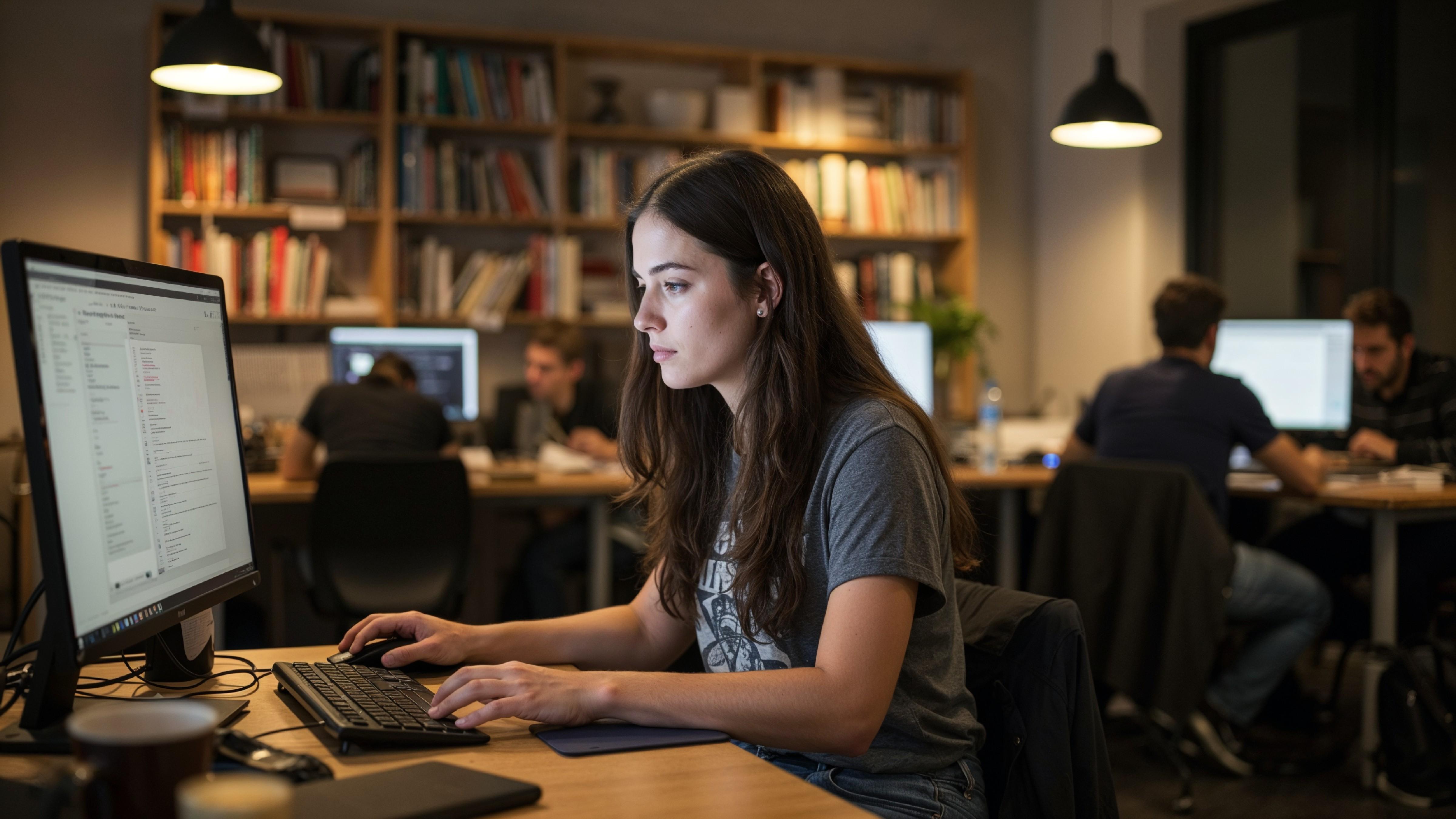 Young Woman Working on Laptop at Modern Home Office Workspace