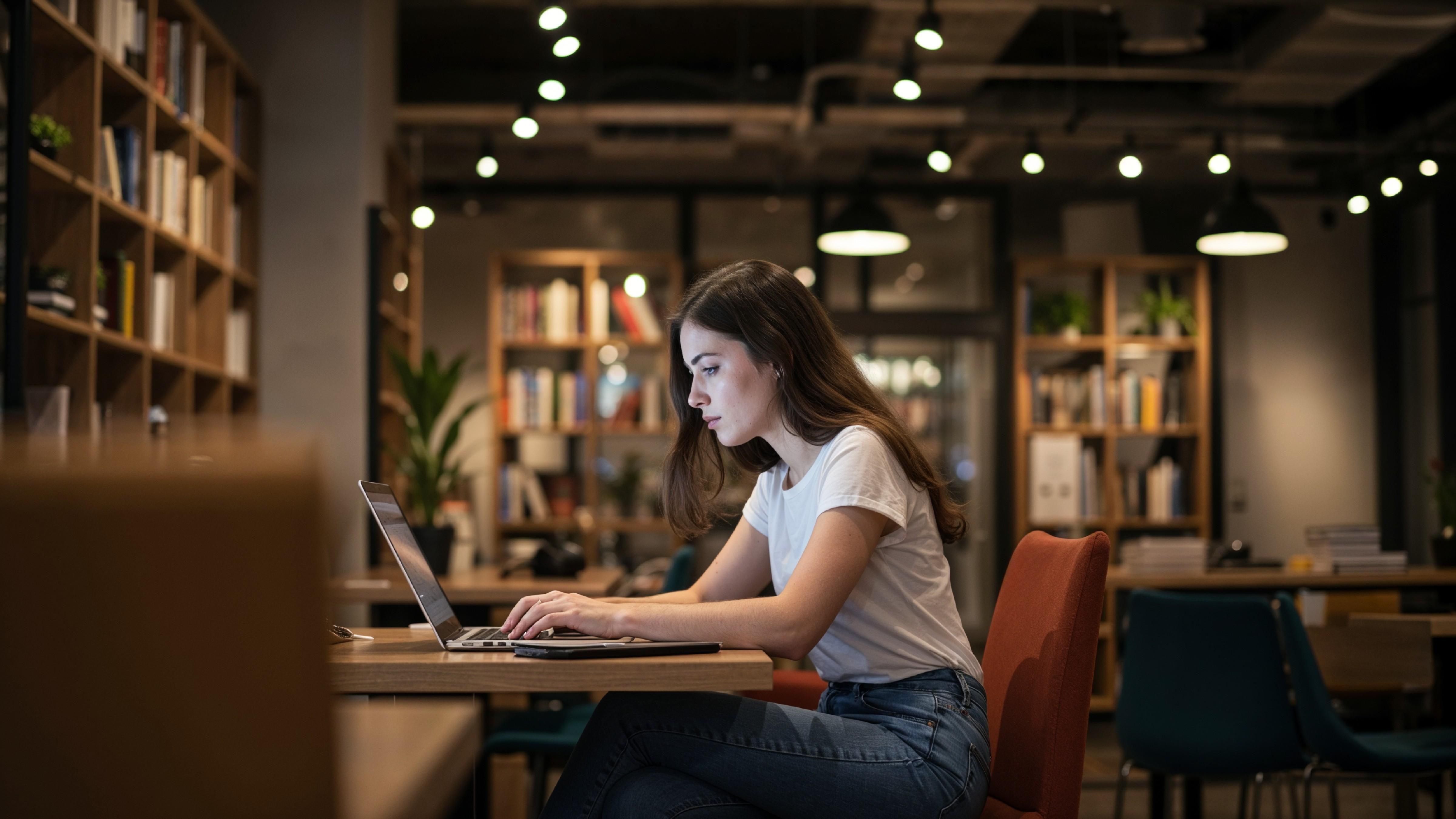 Young Woman Working on Laptop at Modern Home Office Workspace