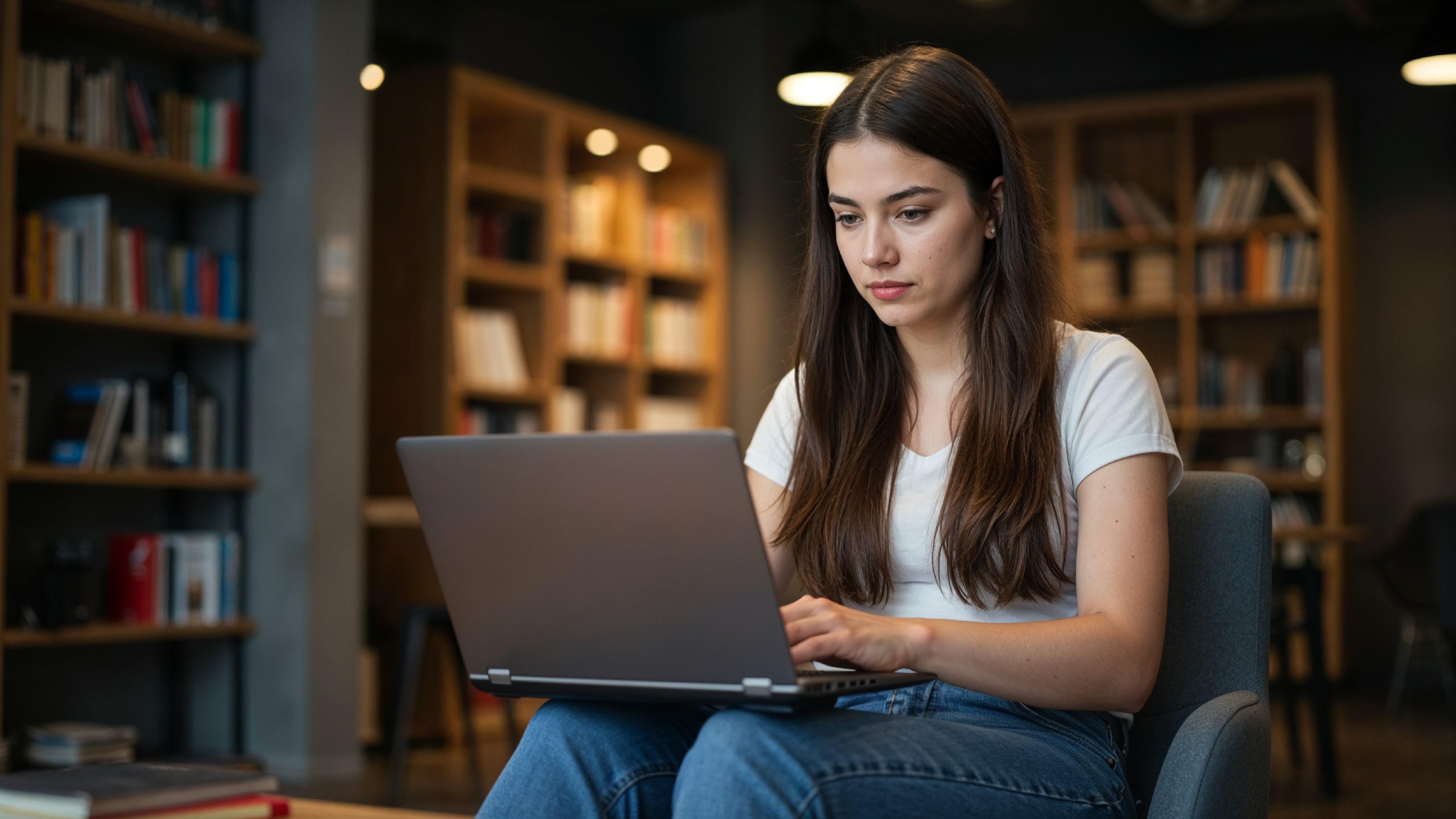 Young Woman Working on Laptop at Modern Home Office Workspace