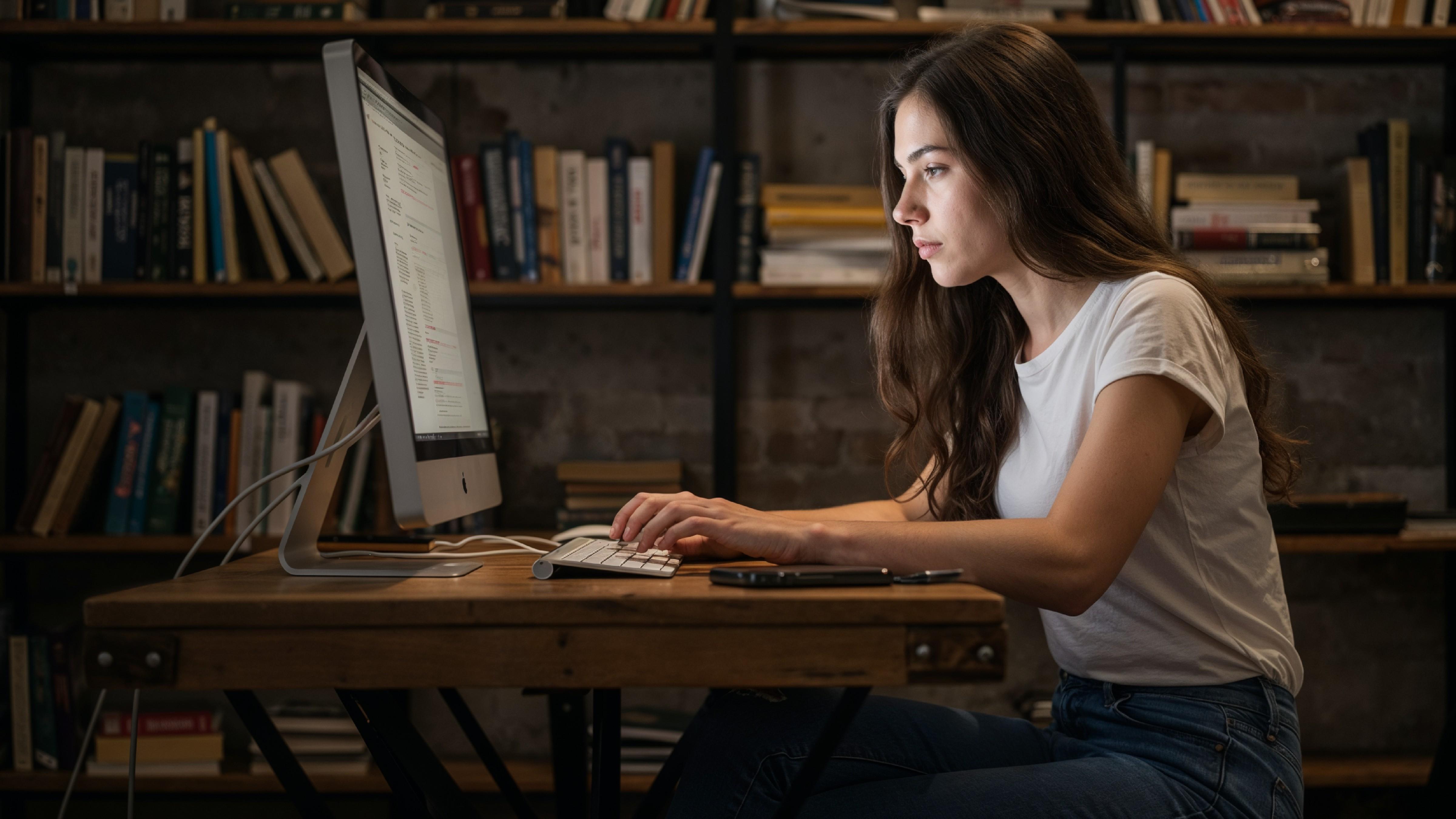 Young Woman Working on Laptop at Modern Home Office Workspace