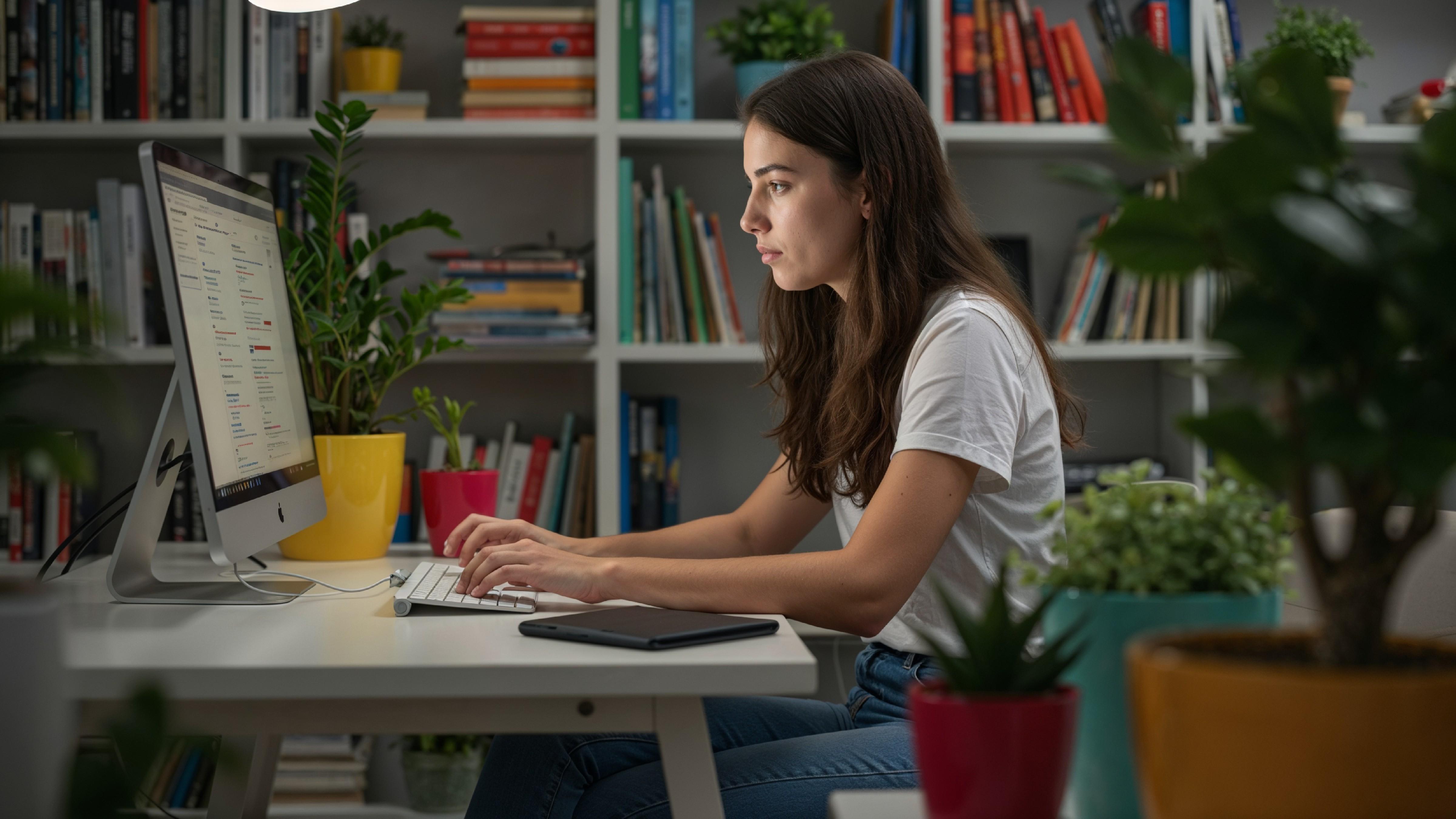 Young Woman Working on Laptop at Modern Home Office Workspace
