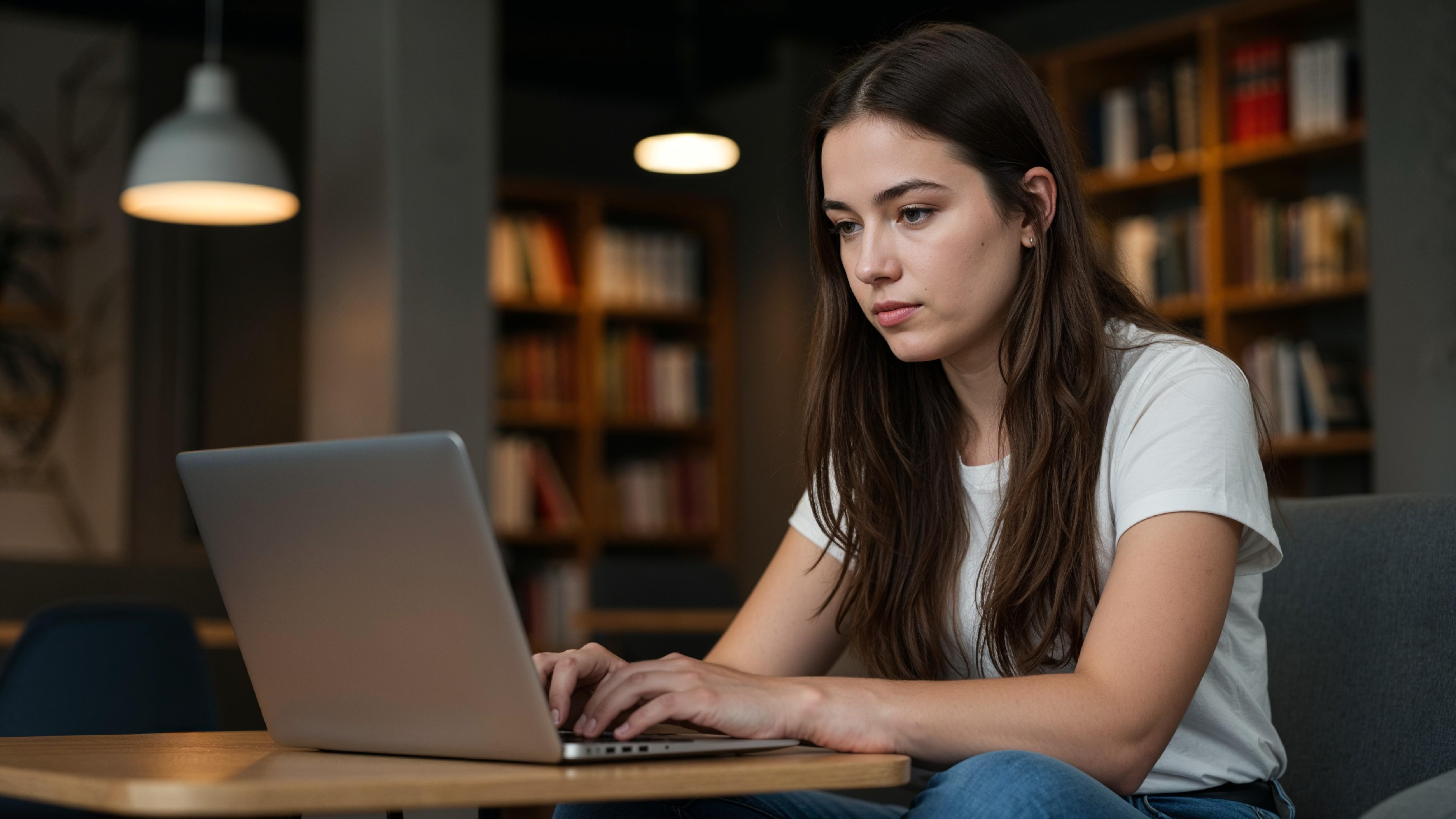 Young Woman Working on Laptop at Modern Home Office Workspace