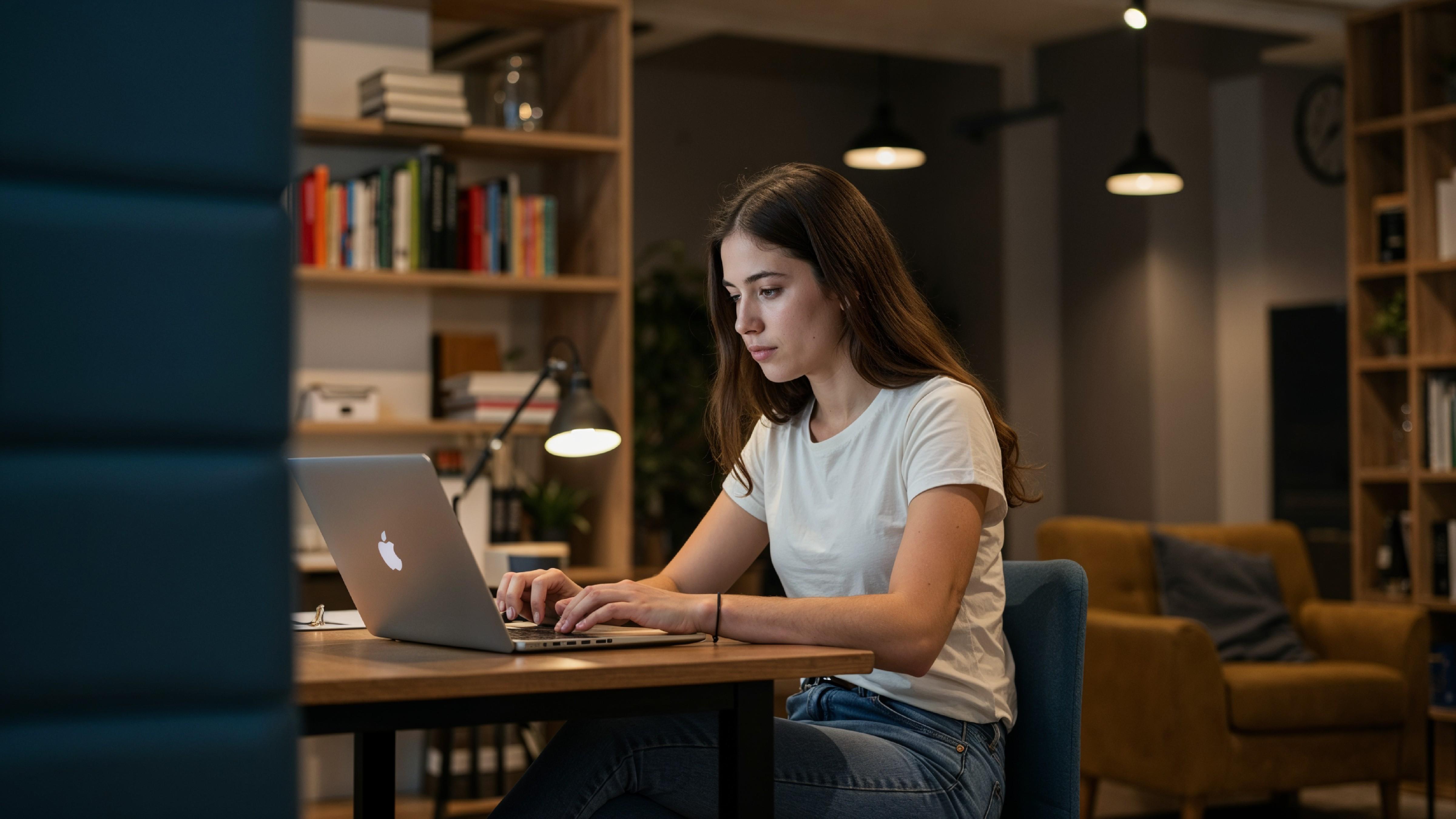 Young Woman Working on Laptop at Modern Home Office Workspace