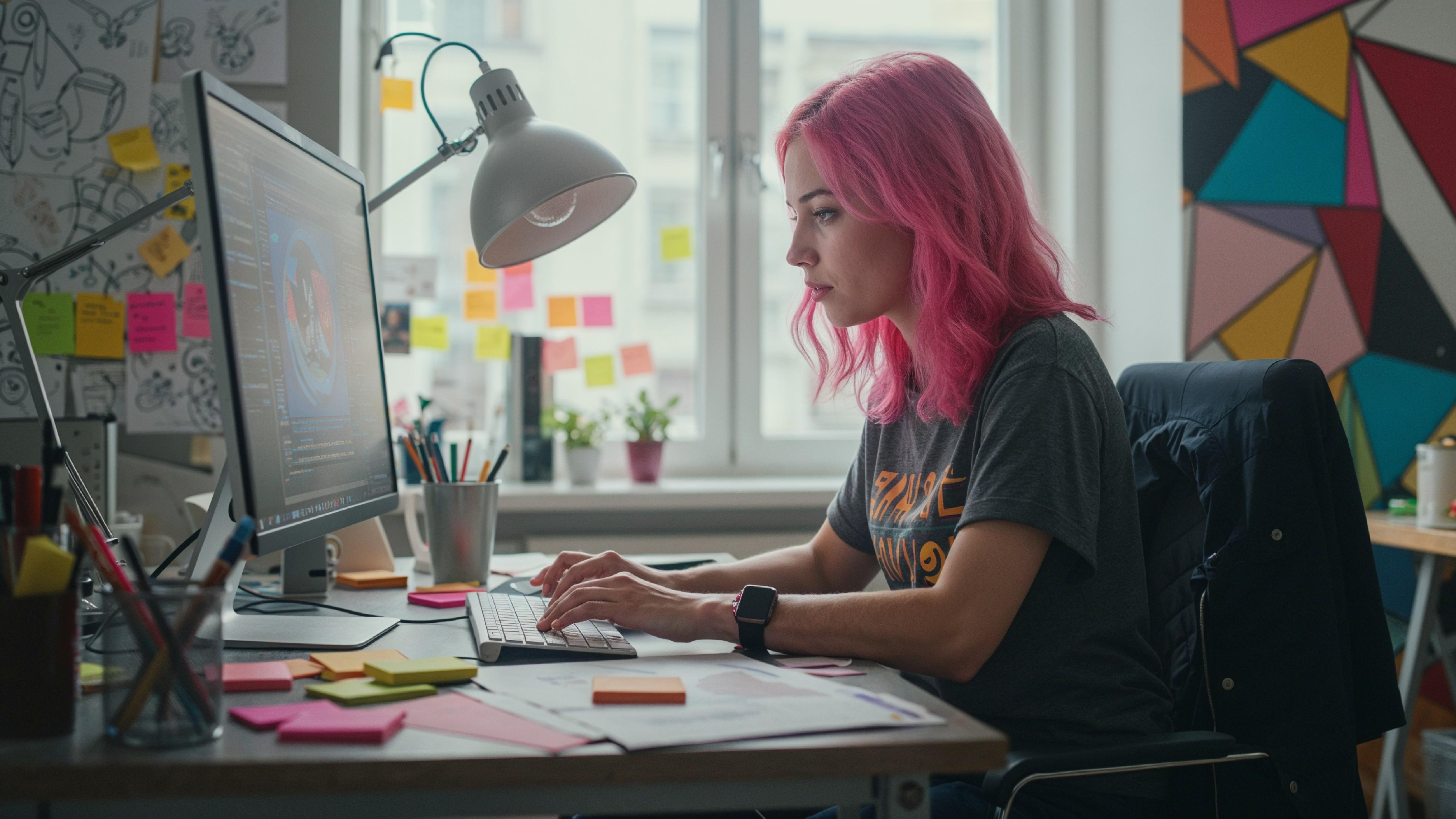 Young Woman Working on Laptop at Modern Home Office Workspace