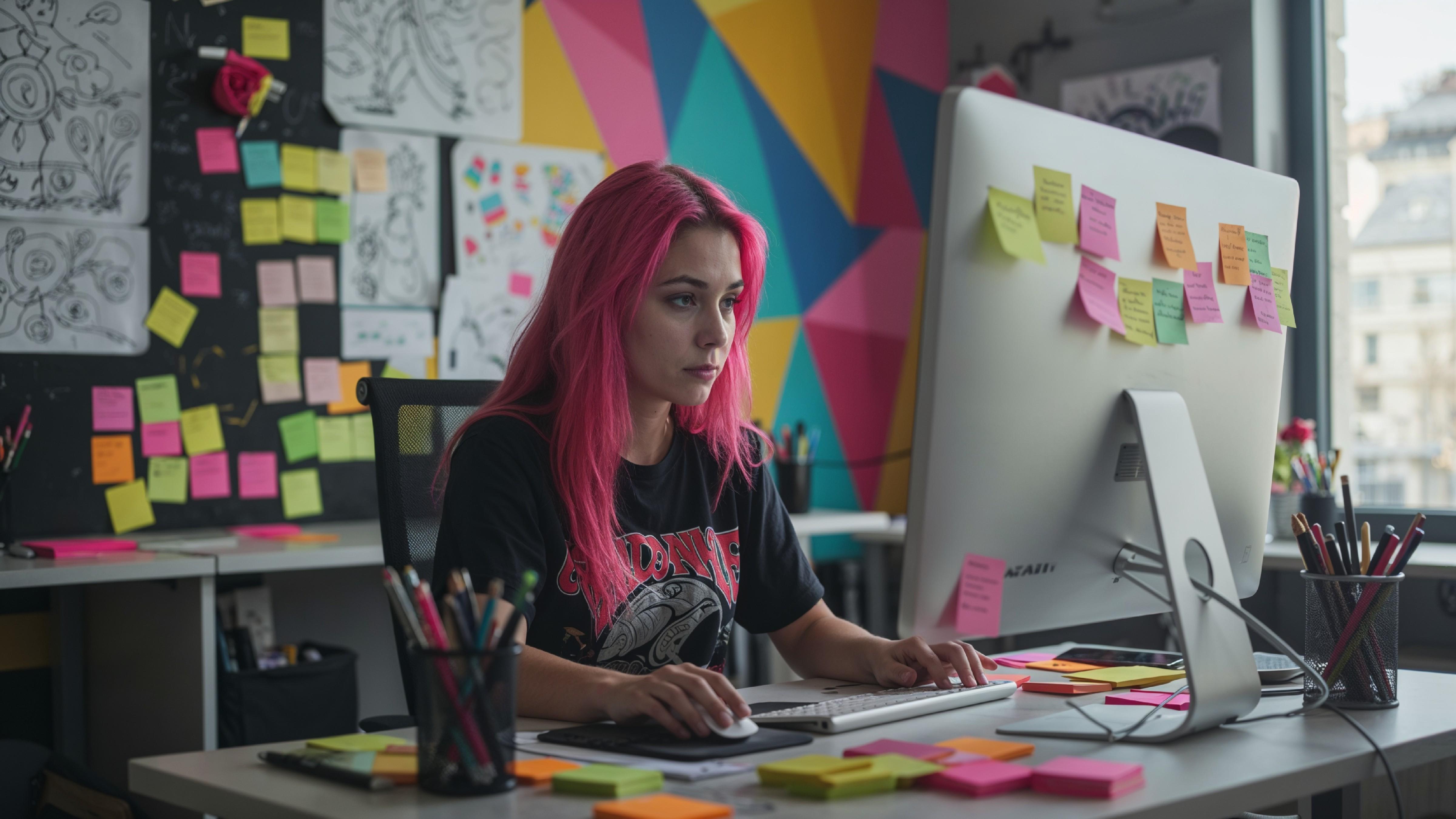Young Woman Working on Laptop at Modern Home Office Workspace