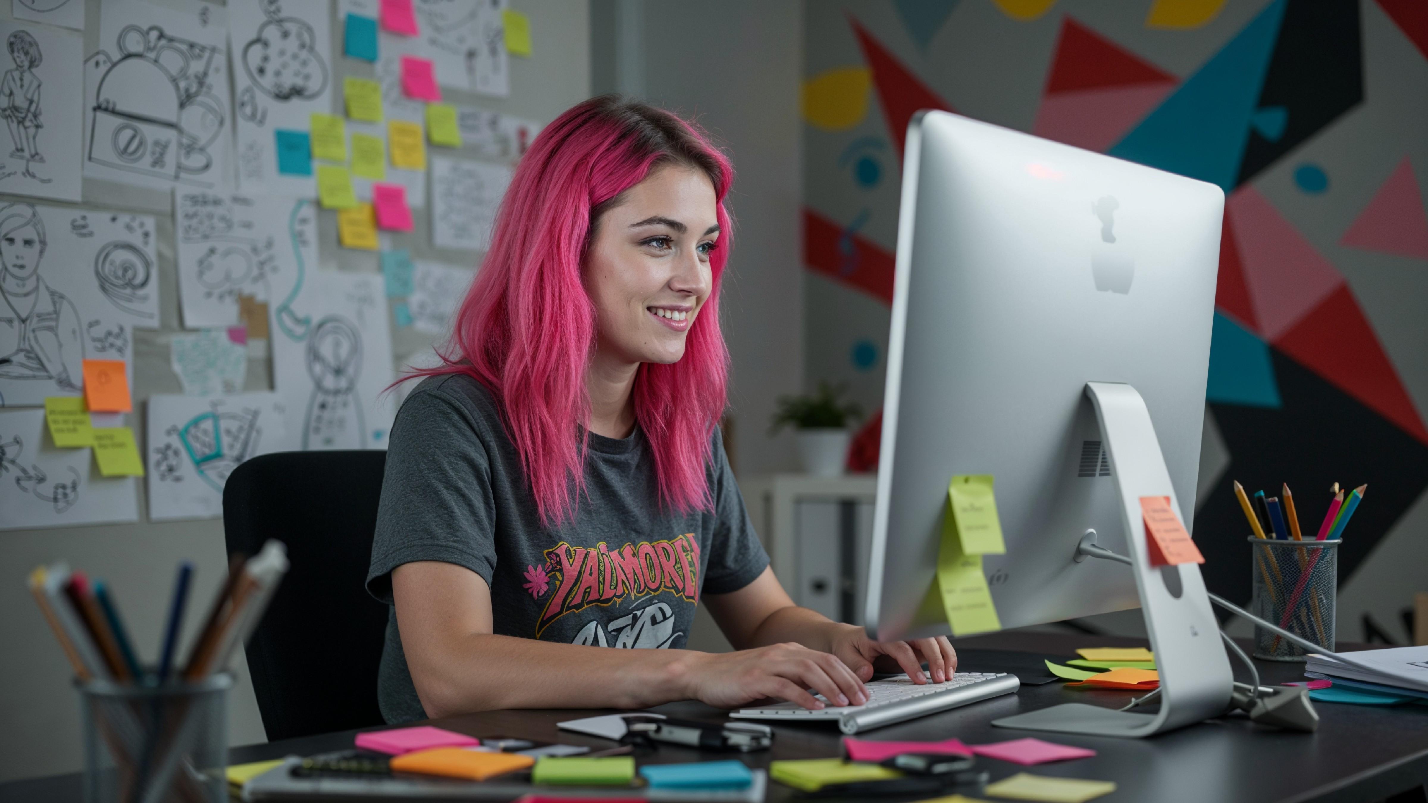 Young Woman Working on Laptop at Modern Home Office Workspace
